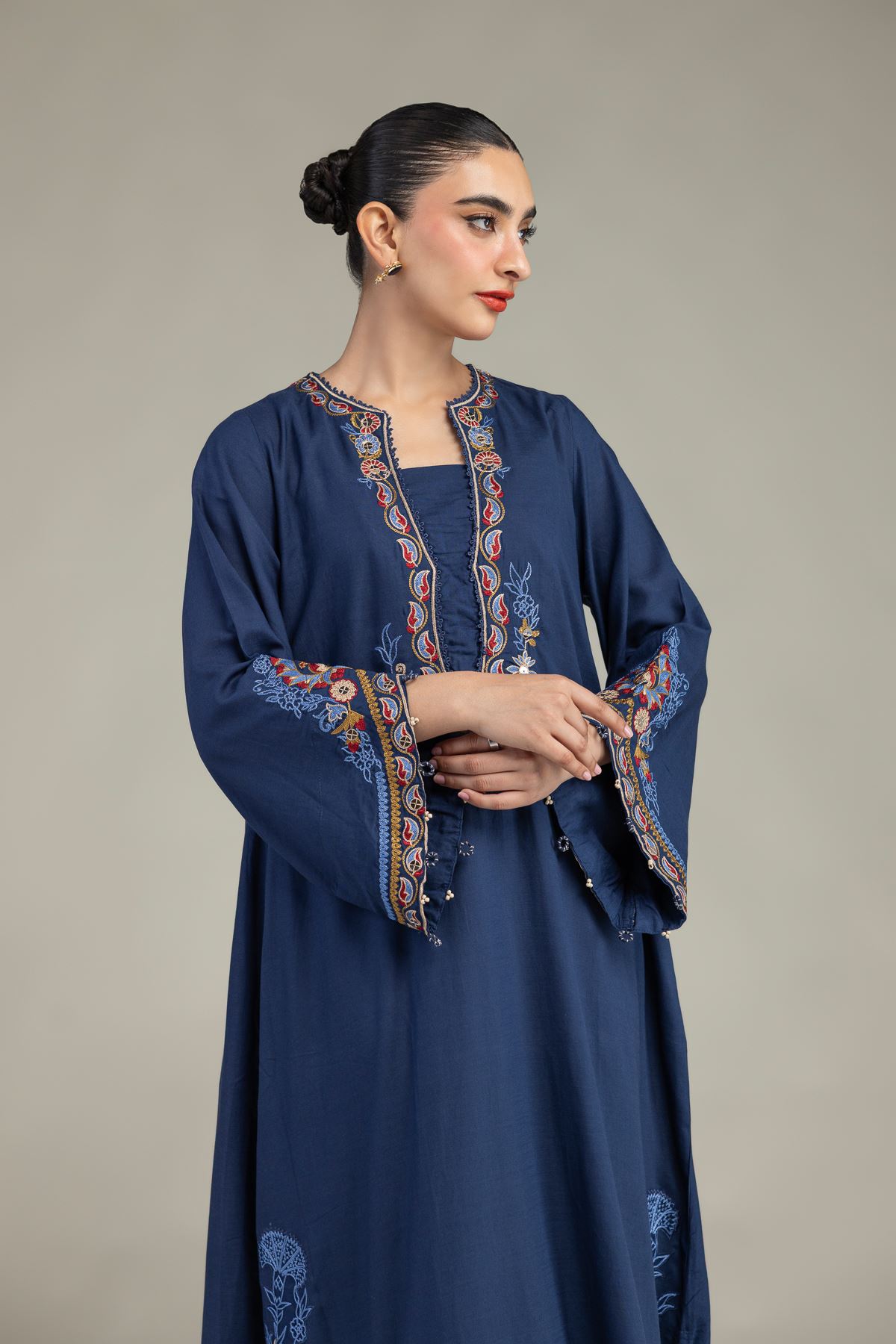 Embroidered Raw Silk Floral Navy Kurta - 1-26-245-A-D2-VG