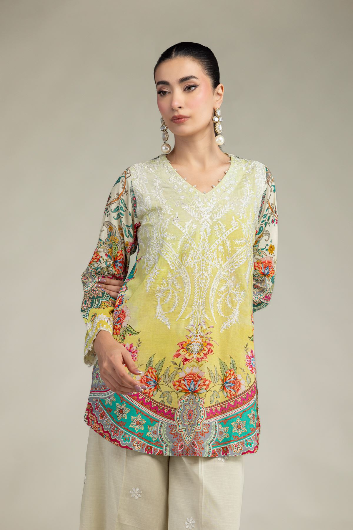 Embroidered Raw Silk Short Floral Kurta - 2-26-212-A-A1-VG