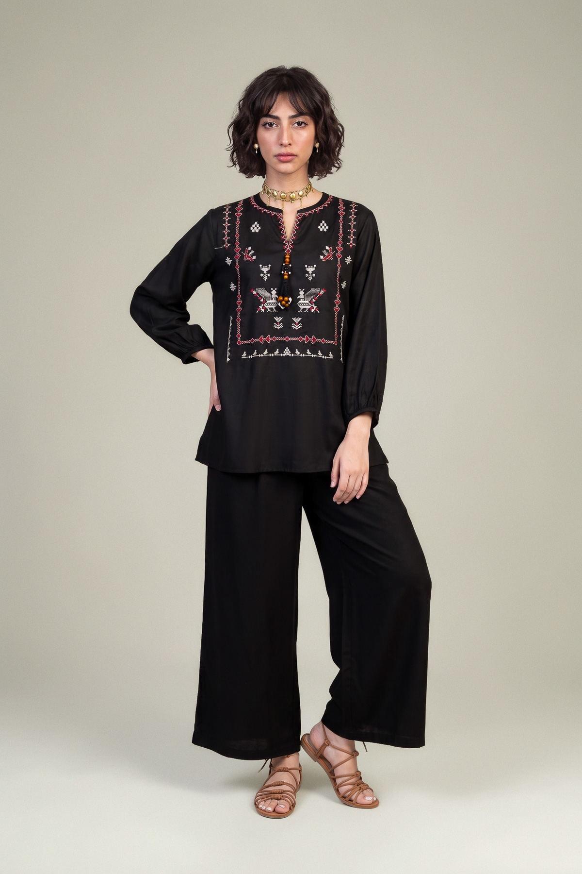 Embroidered Viscose Crepe Black Viscose Trousers - 1-26-102-A-F-VG
