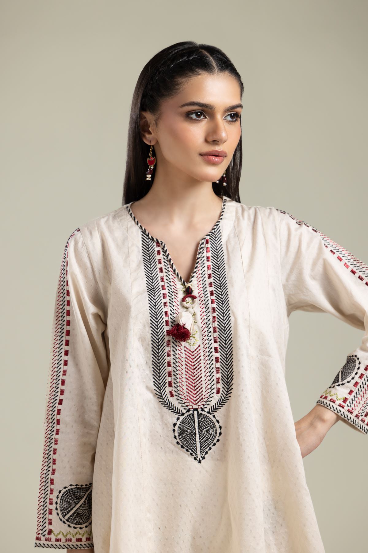 Embroidered Cotton Dobby Short White Kurta - 2-26-215-A-F-VG