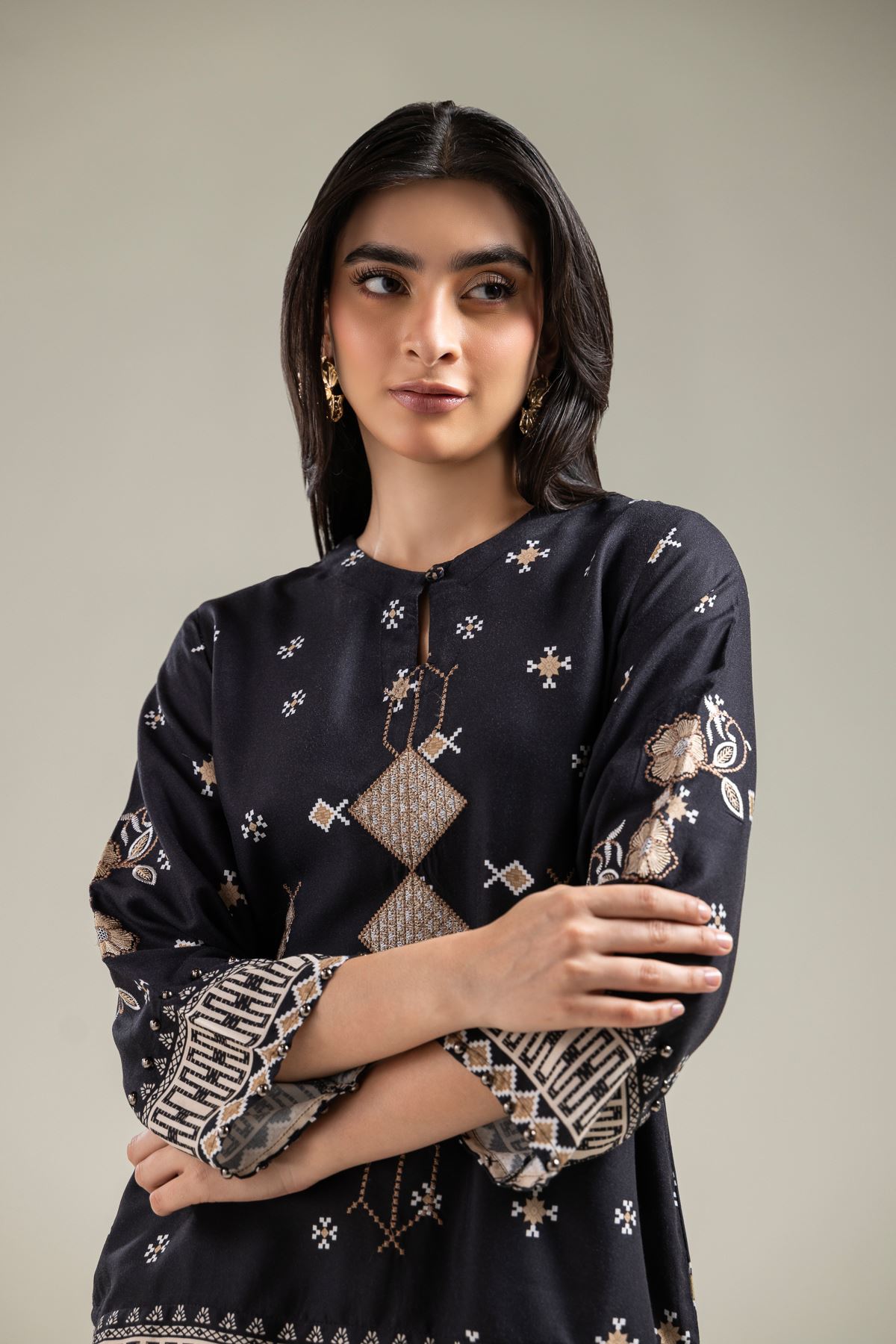 Embroidered Viscose Crepe Black Viscose Tunic - 1-26-142-A-D-VG