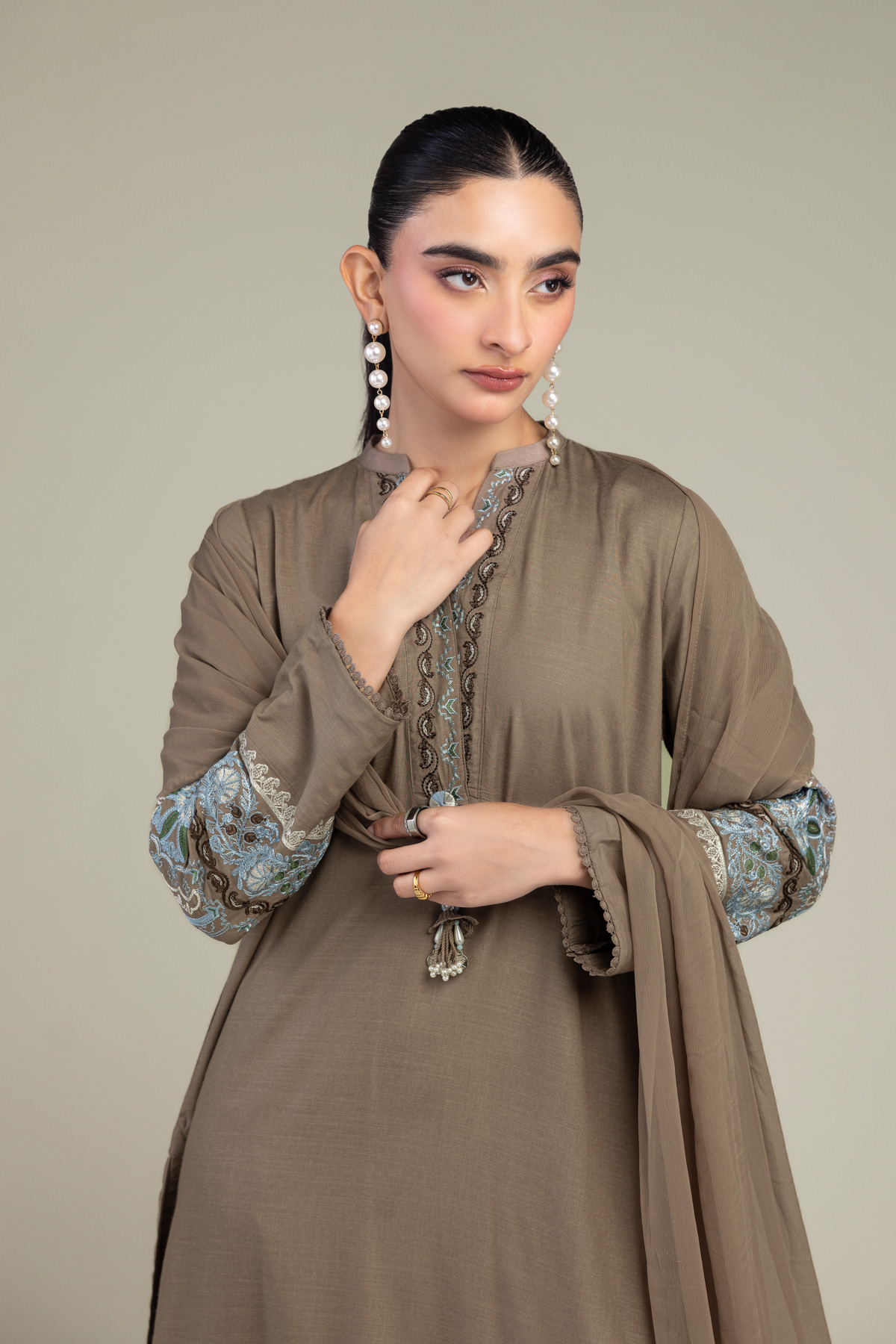 Embroidered Chiffon Brown Floral Dupatta - 1-26-309-B-D1-VG