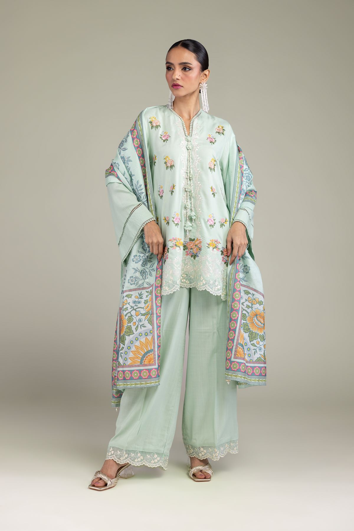 Embroidered Polyester Silk Mint Floral Dupatta - 2-26-209-A-D1-VG