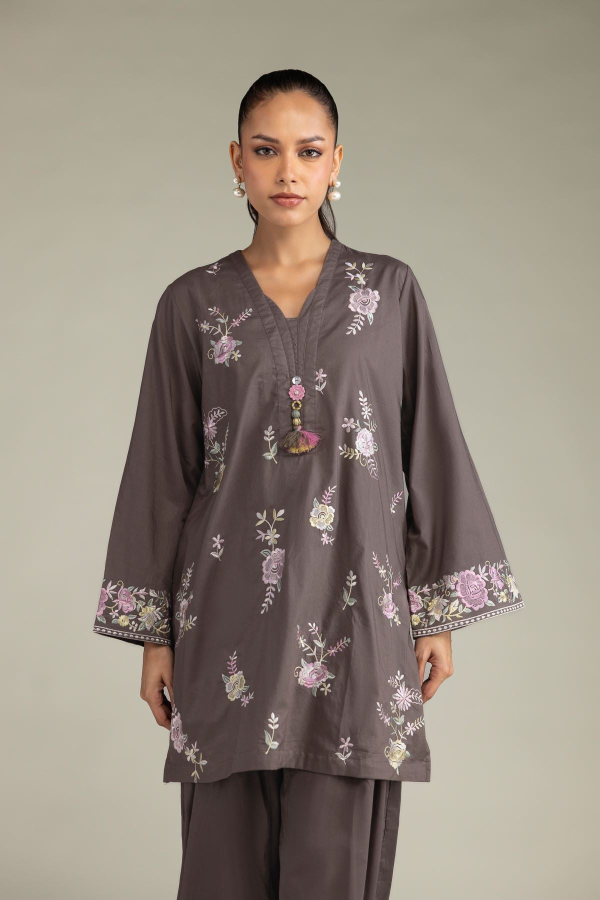 Embroidered Cambric Floral V-Neck Kurta - 1-26-250-B-H1-VG