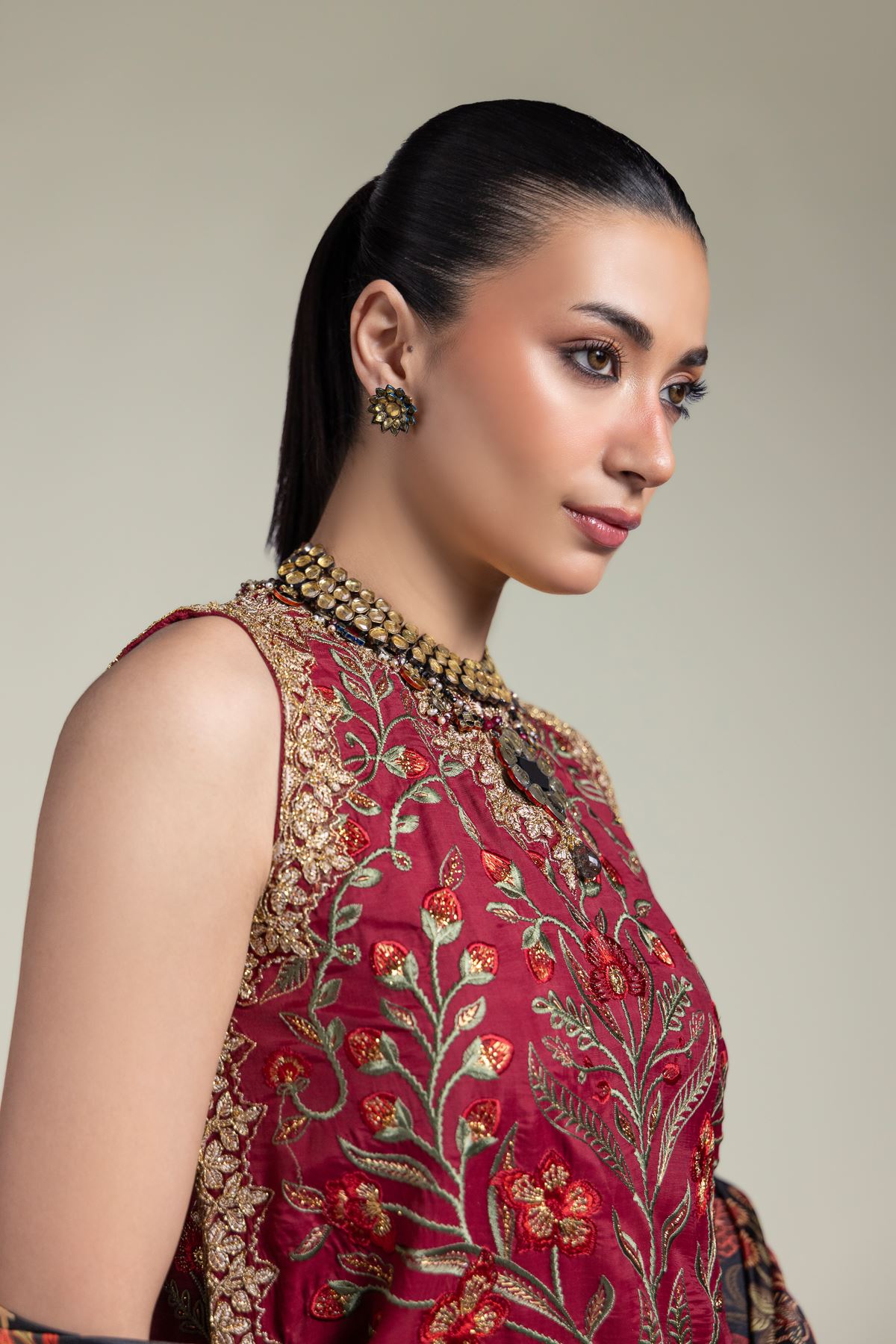 Embroidered Raw Silk Three-Piece Silk Set - 12-26-115-F-B-VG