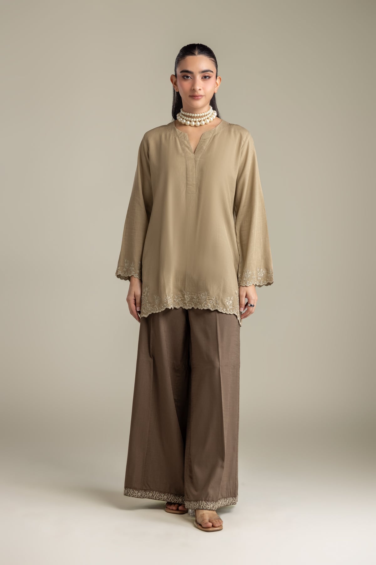 Embroidered Raw Silk Brown Silk Pants - 2-26-418-A-H1-VG