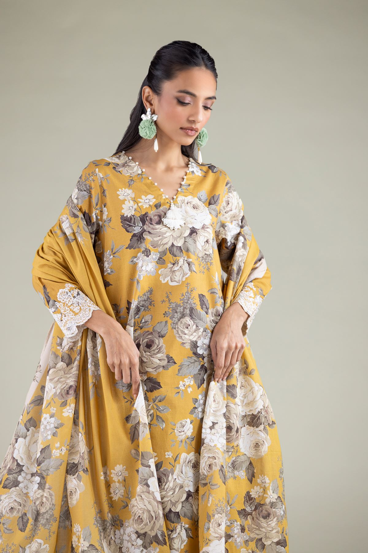 Embroidered Lawn Floral Draped Dupatta - 1-26-111-C-G-VG