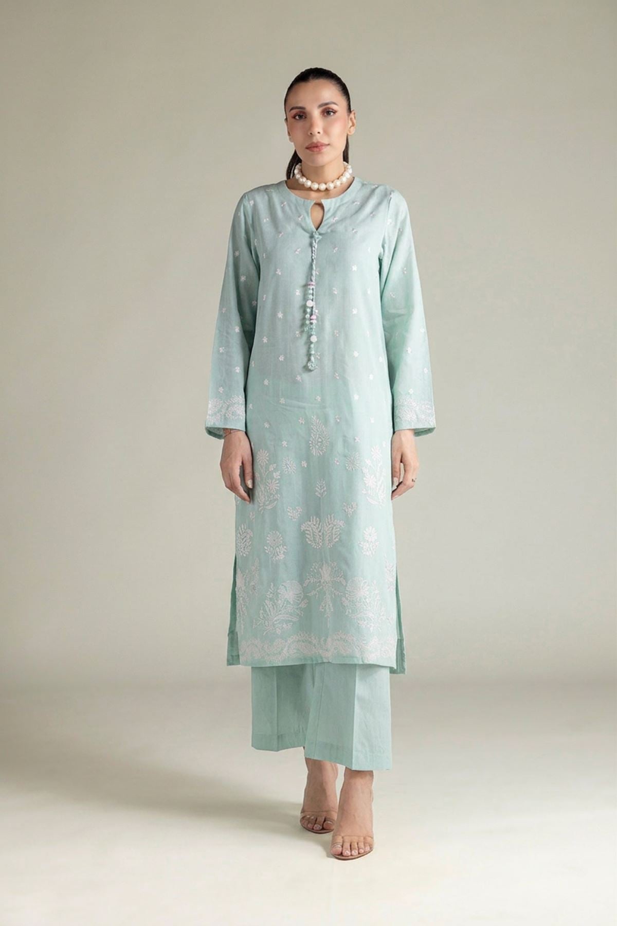 Embroidered Textured Cotton Tailored 2 Piece | Top and Bottom - T-A22-26-207EG1-VG