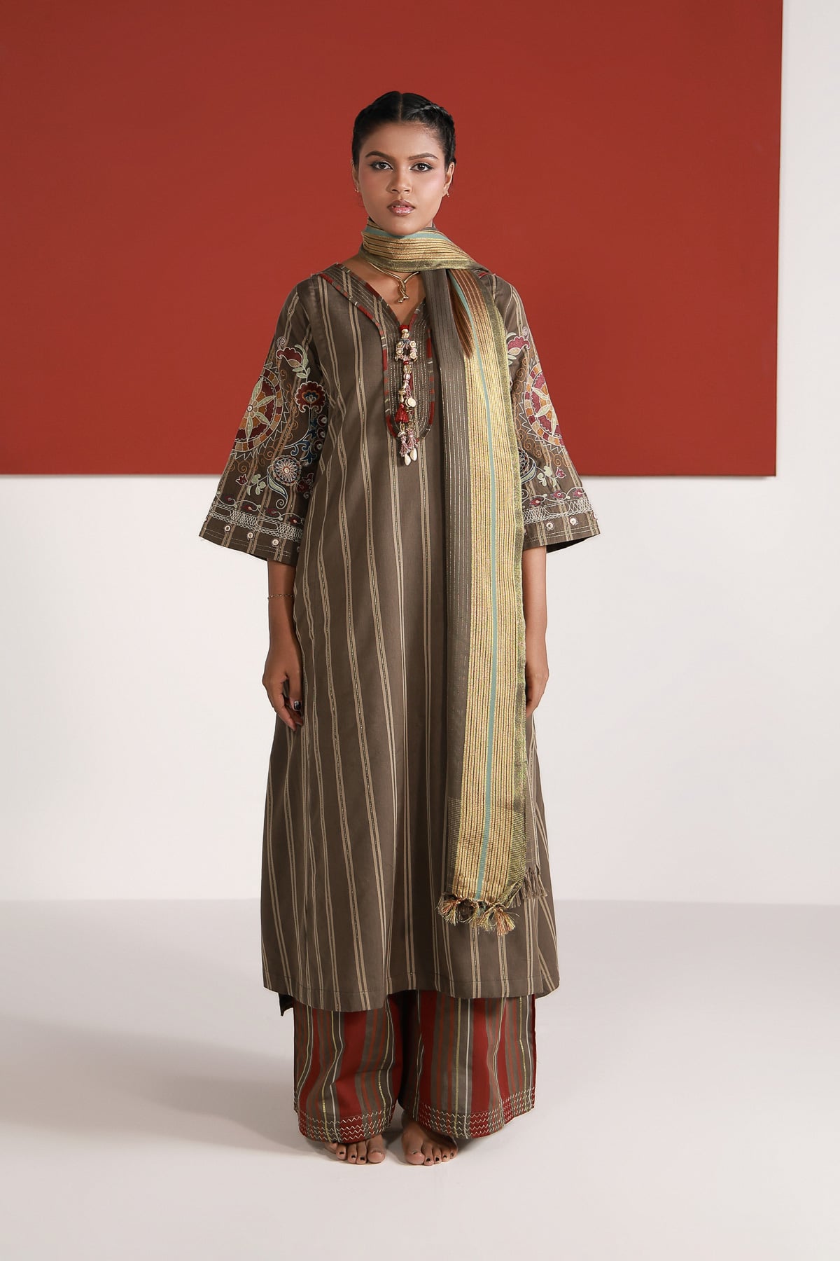 Yarn Dyed Embroidered Handwoven Kurta - 2-26-202-A-D-VG