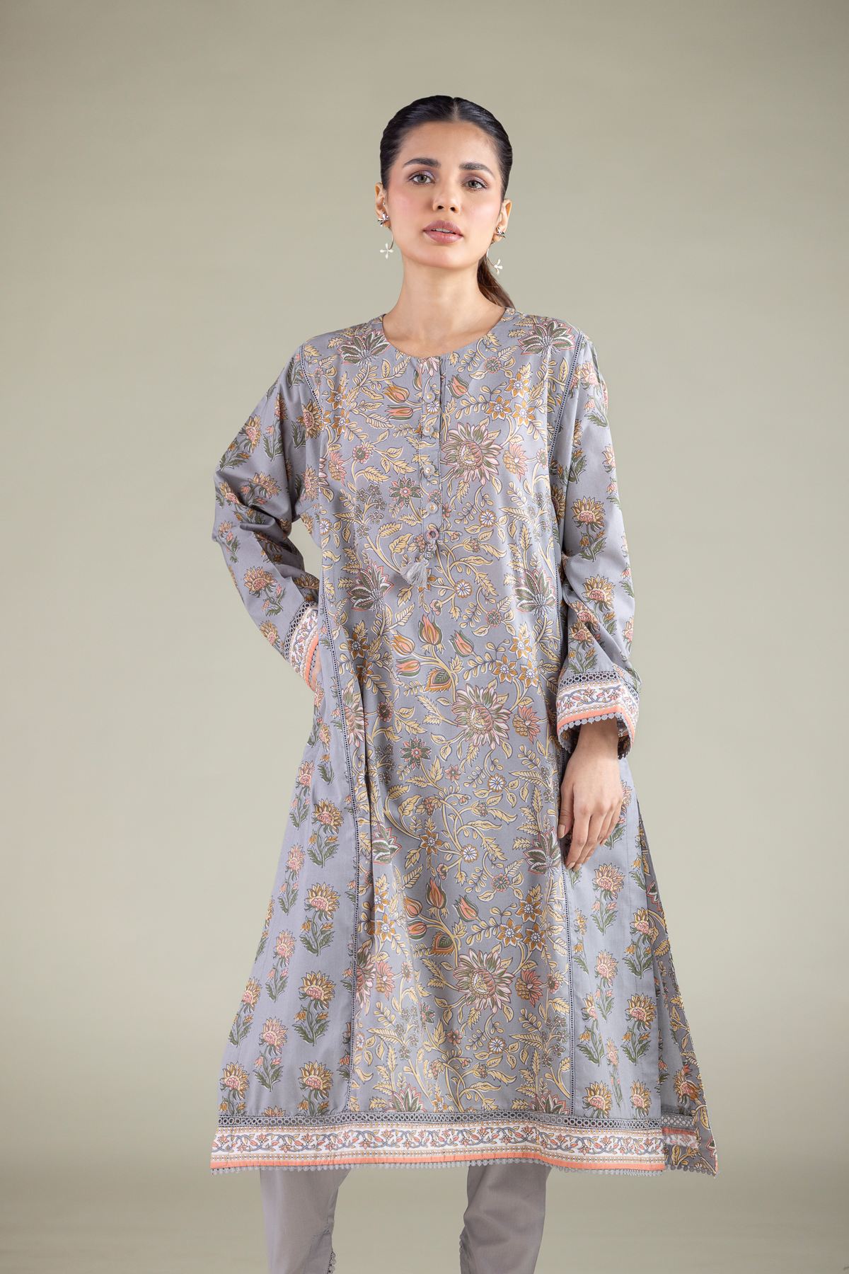 Printed Cambric Floral Longline Kurta - 1-26-144-B-A-VG