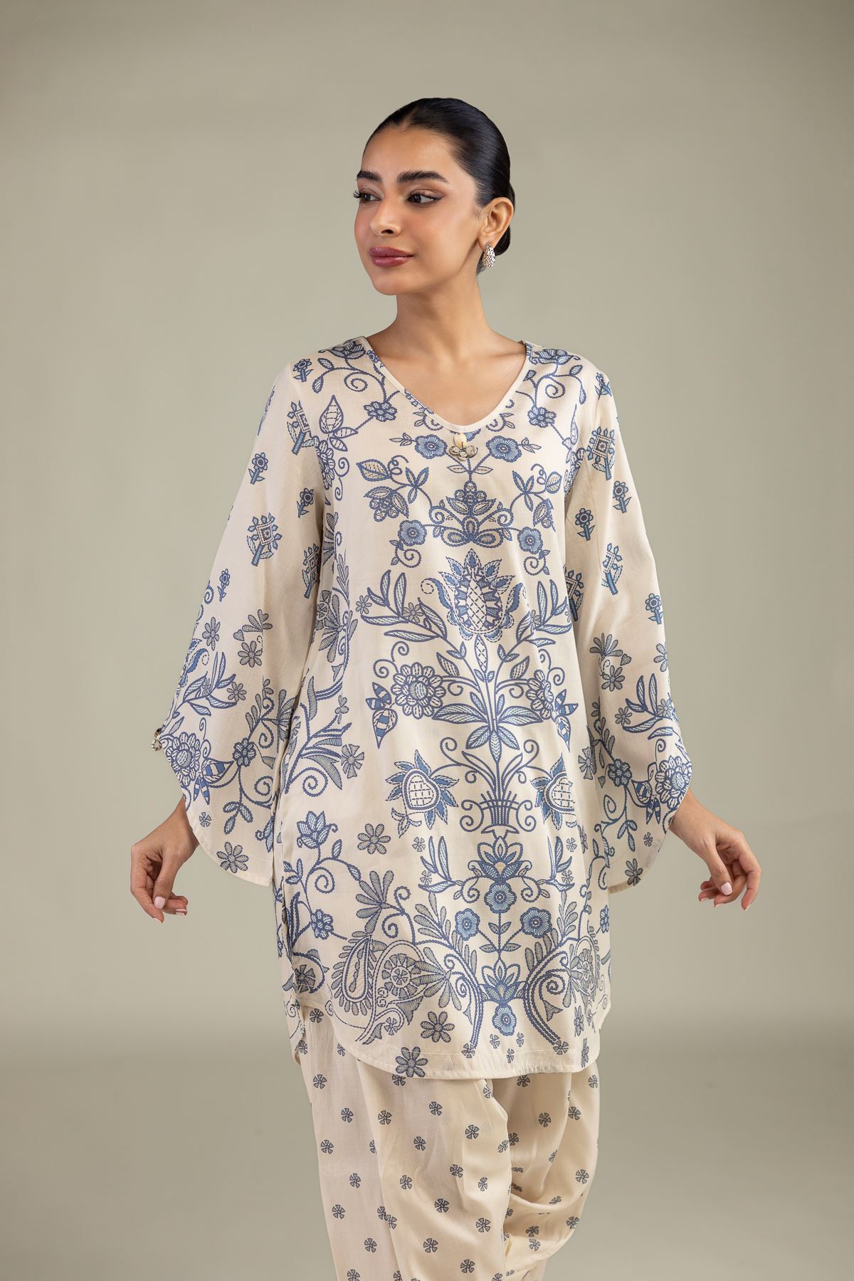 Printed Textured Weave Short Floral Kurta - 1-26-250-B-H1-VG