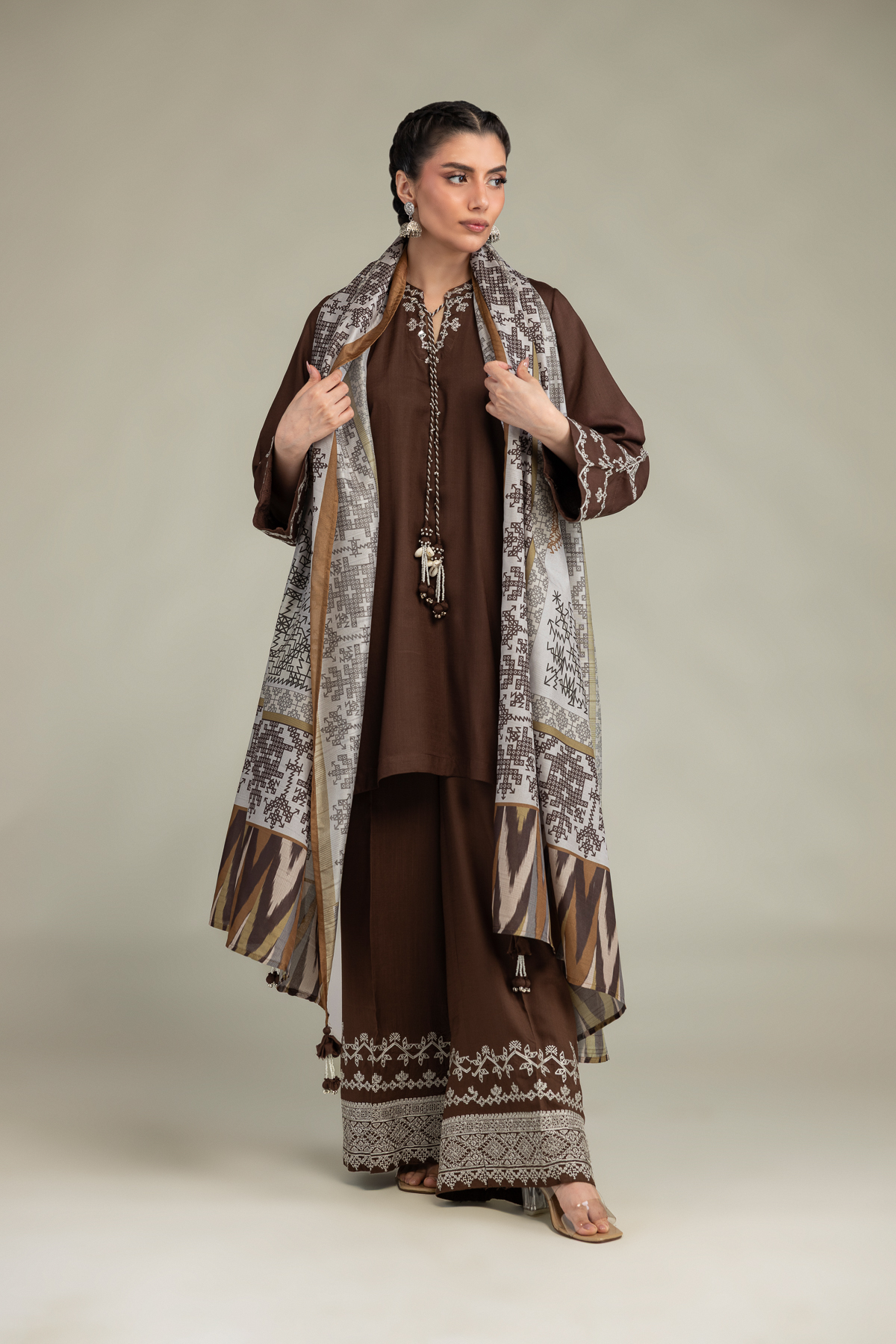 Embroidered Polyester Silk Brown Silk Dupatta - 1-26-102-A-F-VG