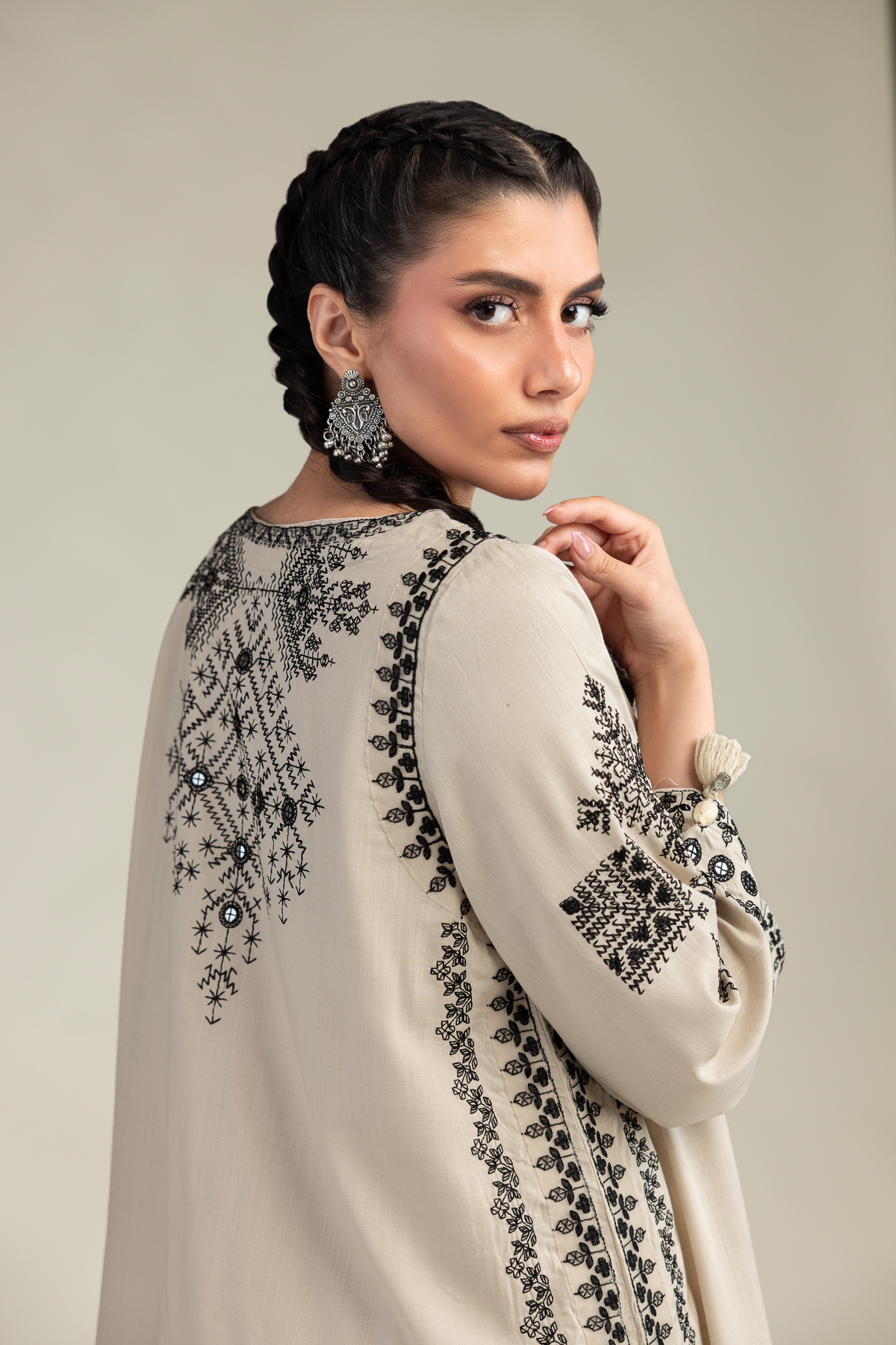 Embroidered Raw Silk Short Beige Kurta - 1-26-309-B-D1-VG