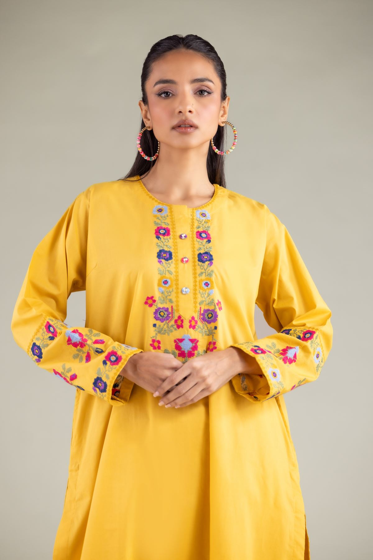 Embroidered Cambric Floral Longline Kurta - 1-26-108-A-F-VG