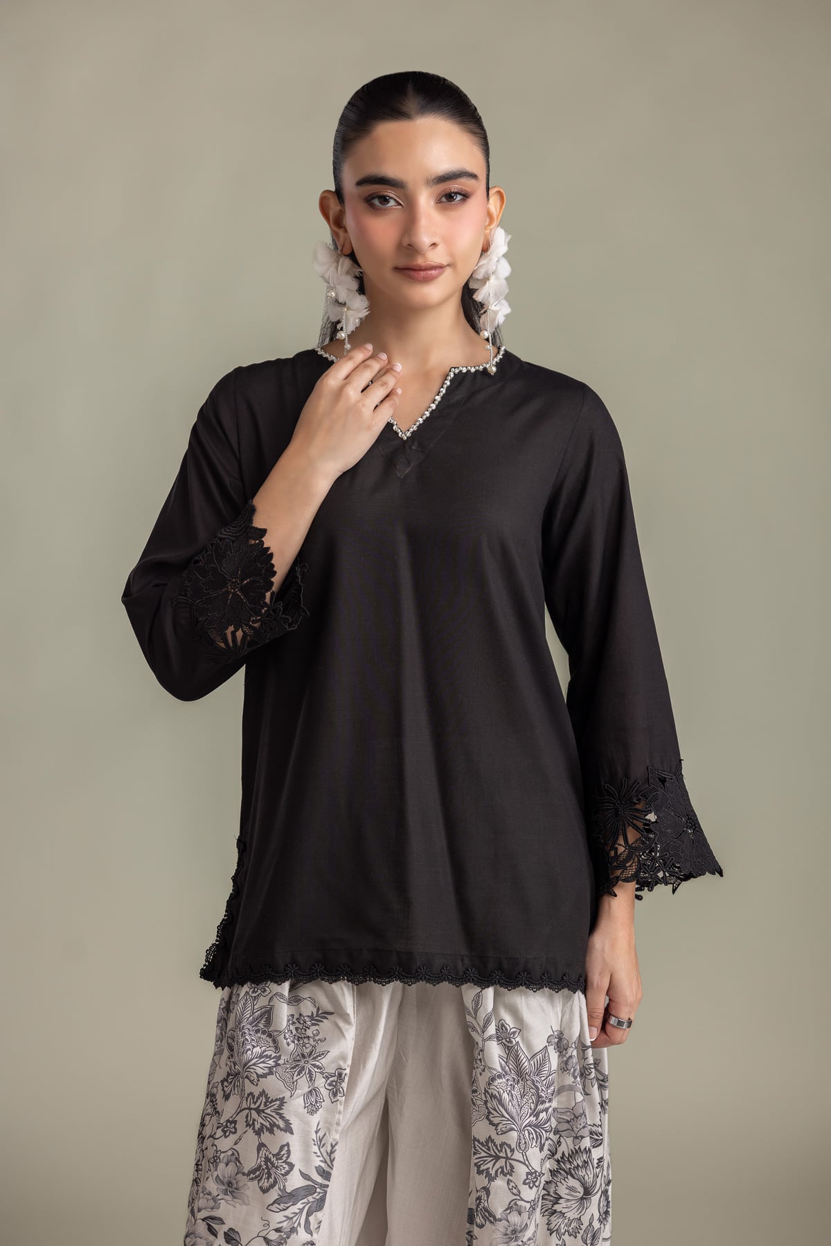 Printed Raw Silk Short Black Kurta - 2-26-418-A-H1-VG