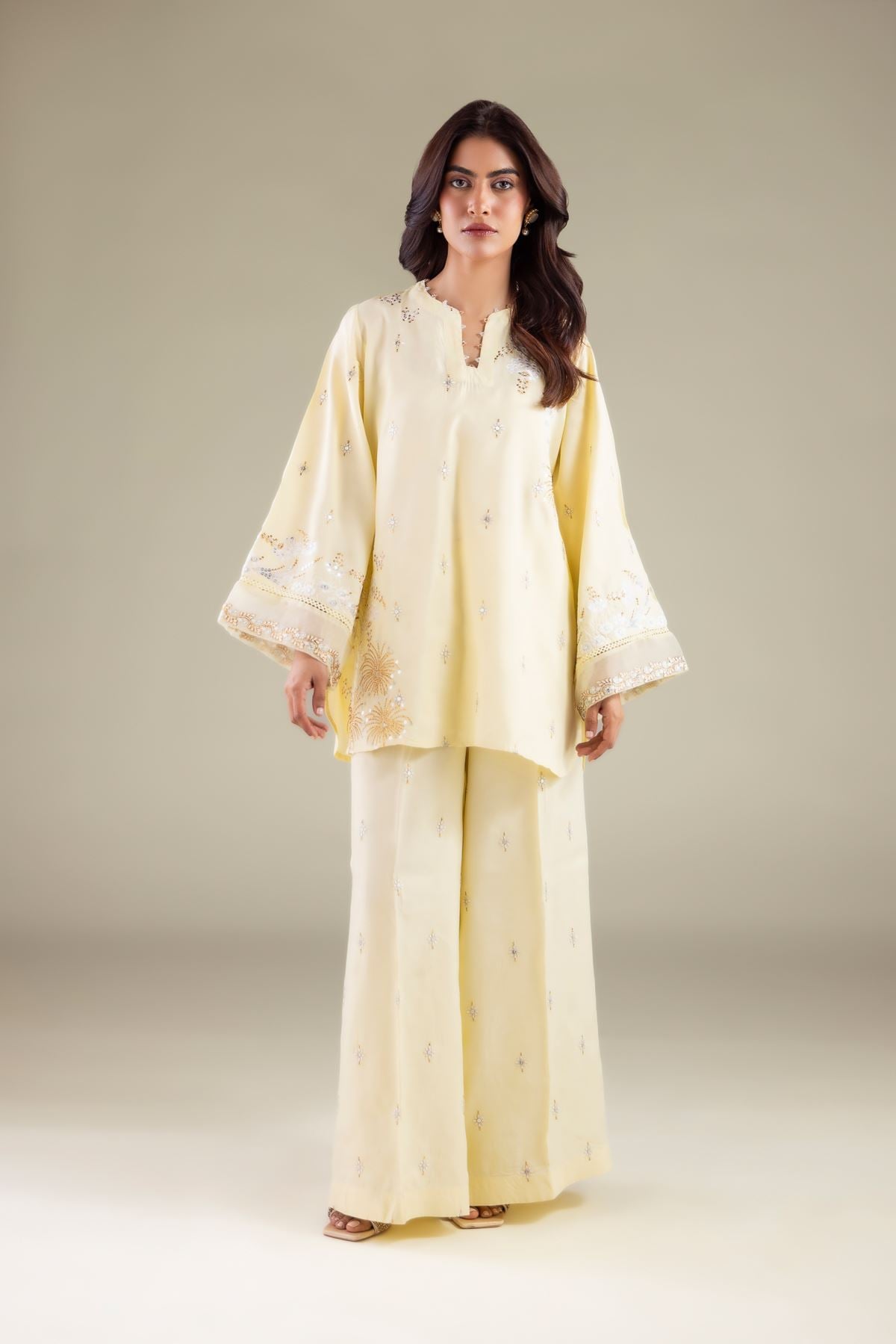 Embroidered Raw Silk Embellished V-Neck Kurta - 2-26-110-A-E-VG