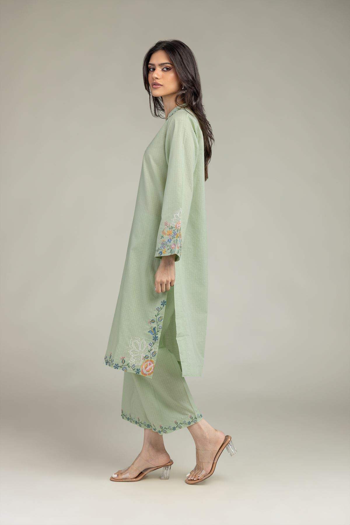 Embroidered Cotton Dobby Mint Cotton Pants - 1-26-221-A-H2-VG