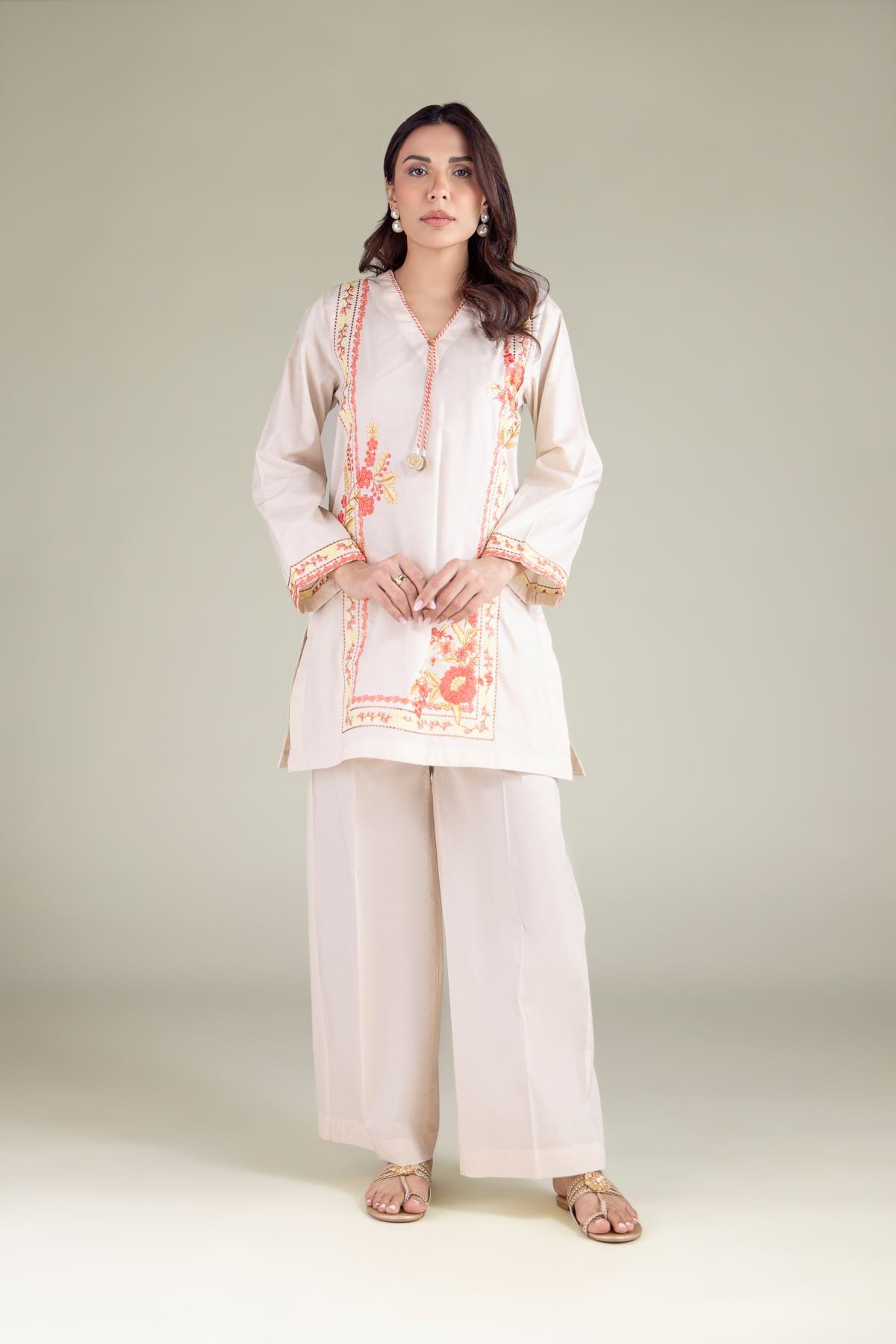 Embroidered Cambric Floral V-Neck Kurta - 1-26-127-A-A-VG