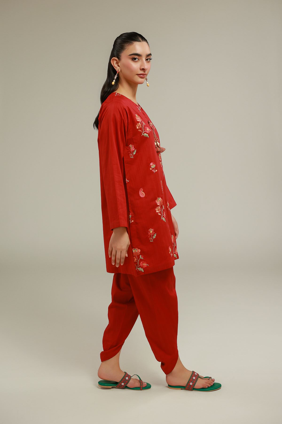 Embroidered Cotton Dobby Red Floral Shalwar - 1-26-144-B-A-VG