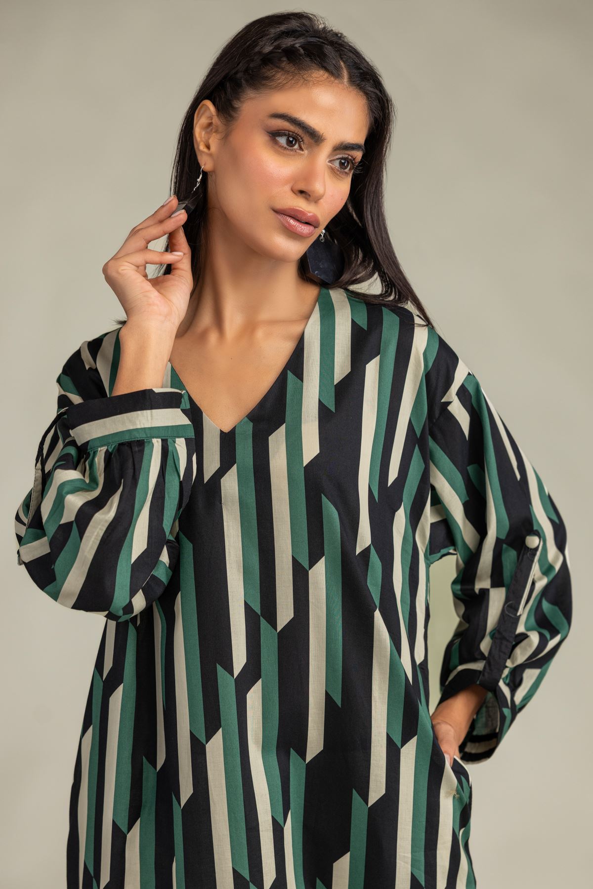 Printed Cambric Cambric Longline Shirt - 1-26-229-B-F1-VG