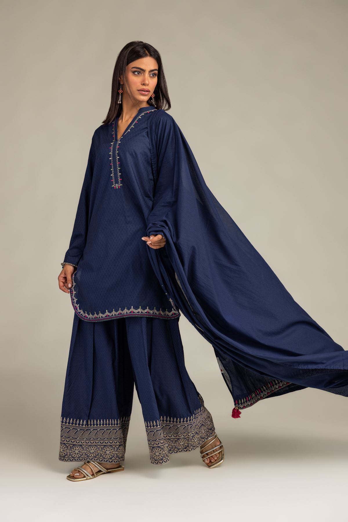 Embroidered Lawn Navy Lawn Dupatta - 1-26-102-A-F-VG
