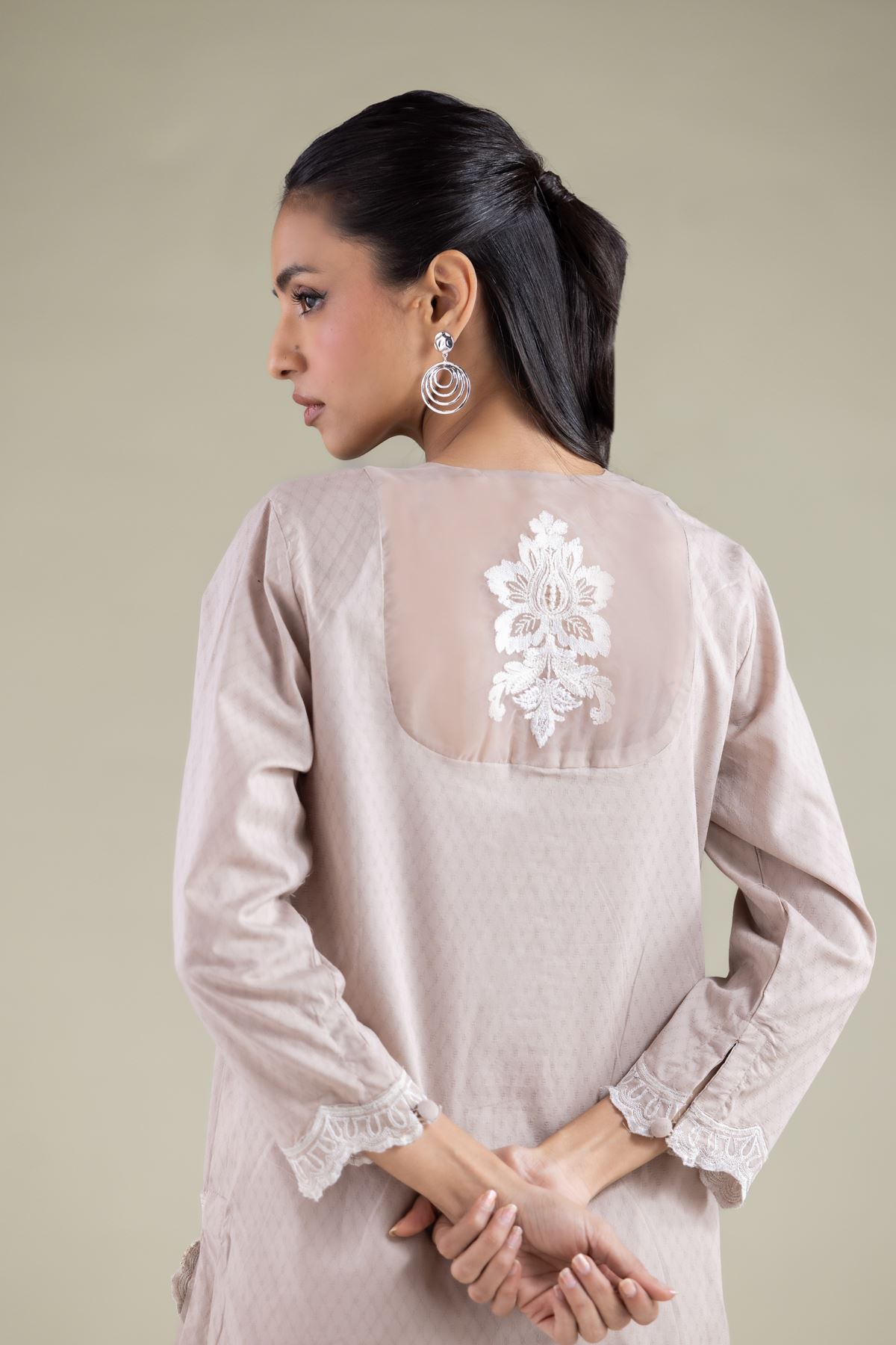 Embroidered Cotton Dobby Lace Longline Kurta - 1-26-125-A-D-VG