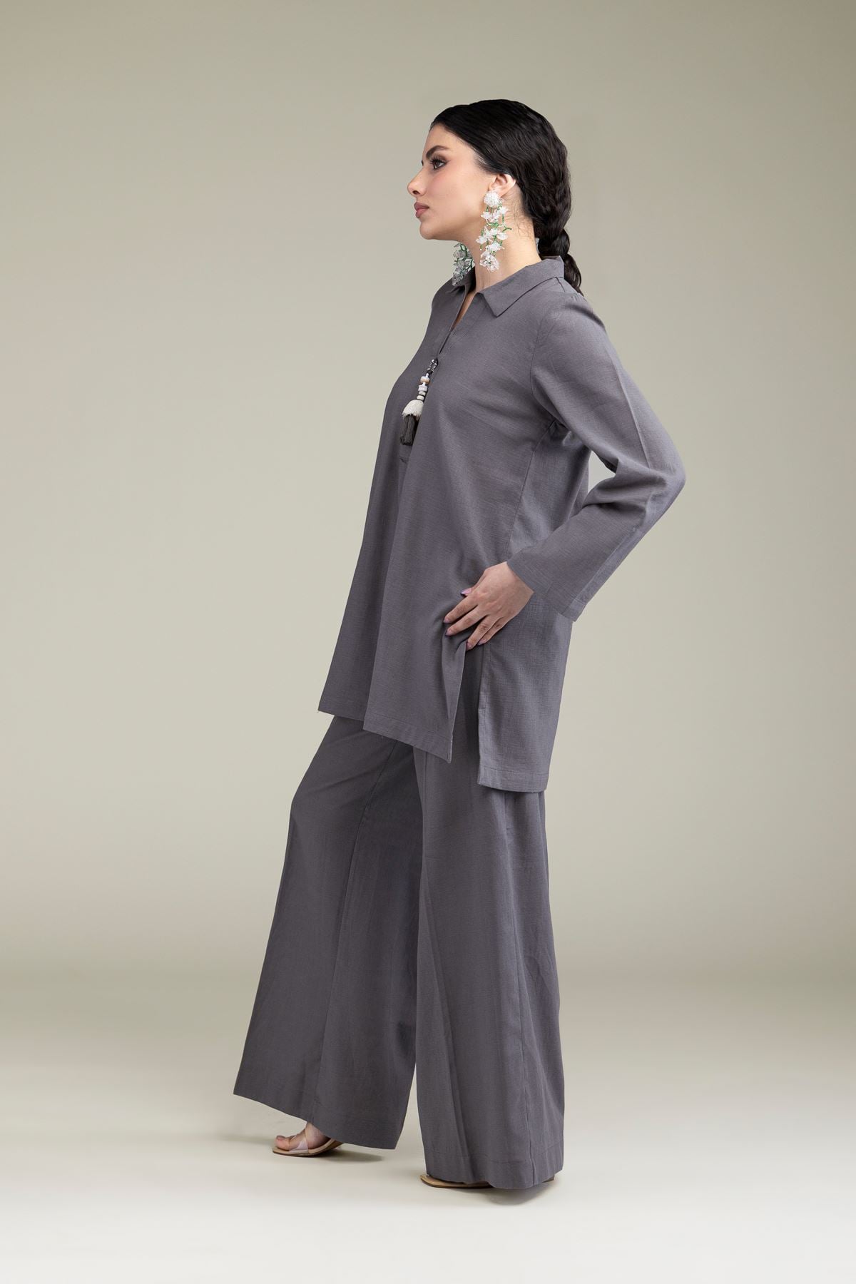Dyed Blended Linen Gray Solid Pants - 8-26-201-A-B1-VG