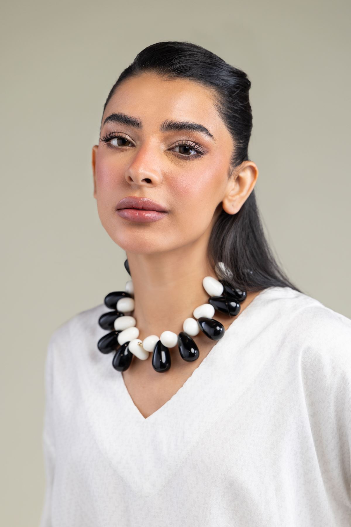 Printed Viscose Crepe White V-Neck Shirt - 6-26-206-B-B1-VG