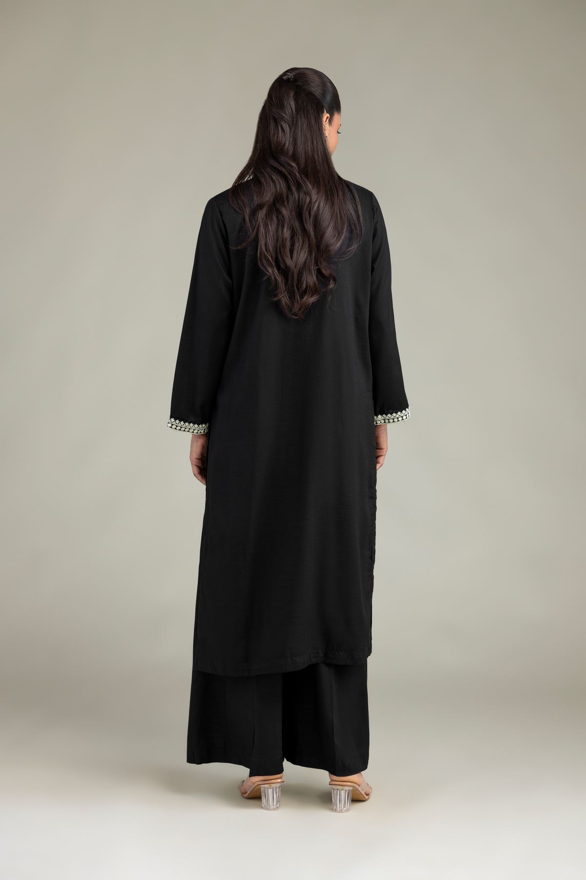 Dyed Raw Silk Black Longline Kurta - 8-26-303-A-C1-VG