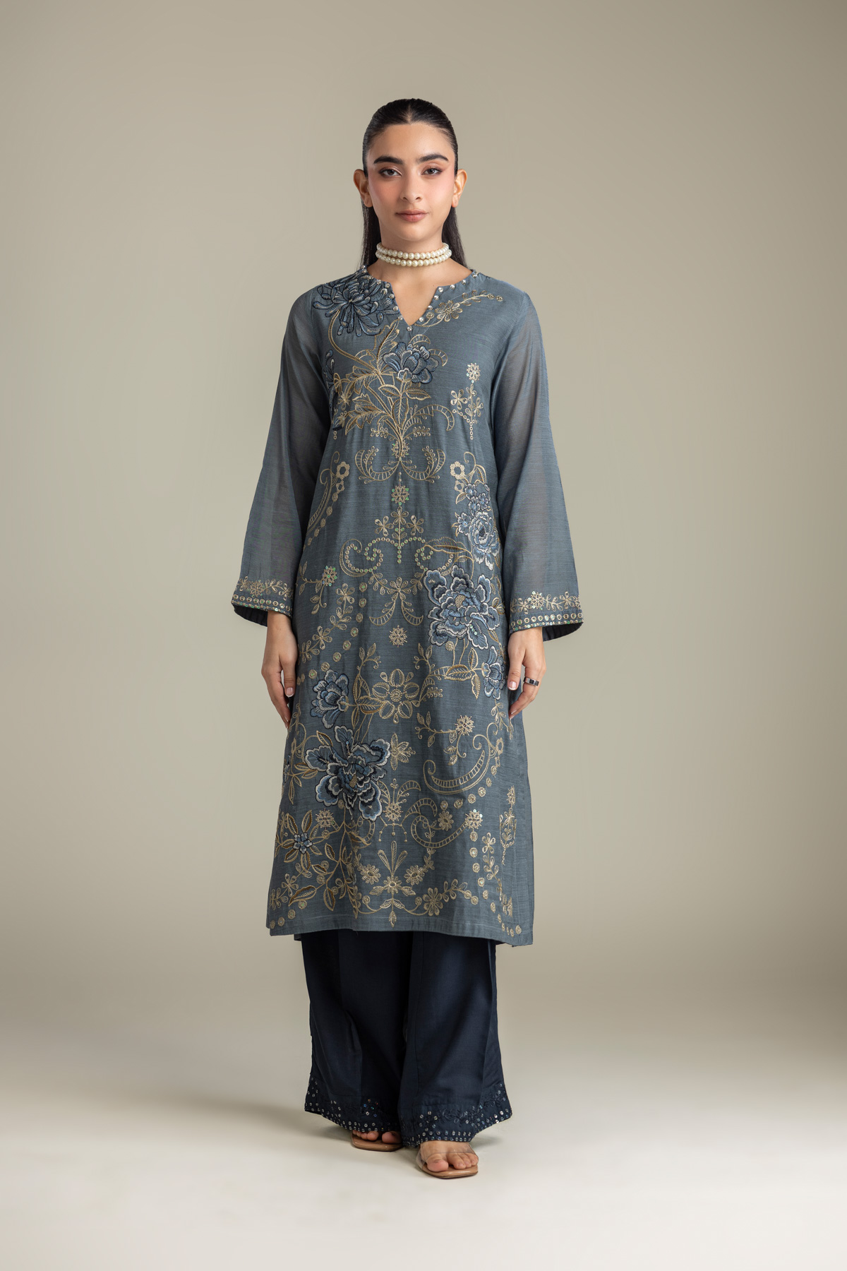 Embroidered Paper Silk Silk Floral Kurta - 2-26-418-A-A1-VG