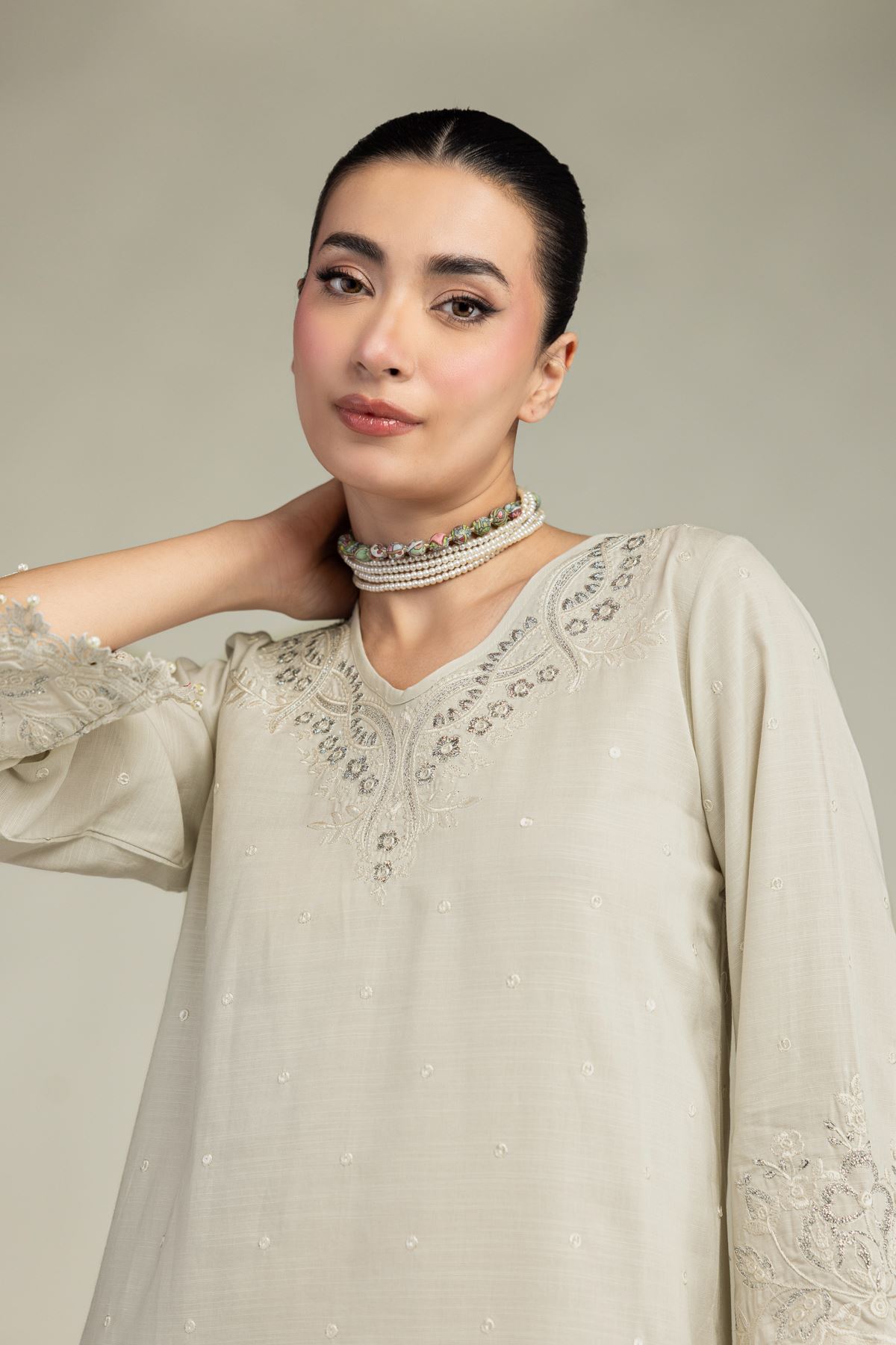 Embroidered Raw Silk Short Silk Kurta - 2-26-207-A-C1-VG