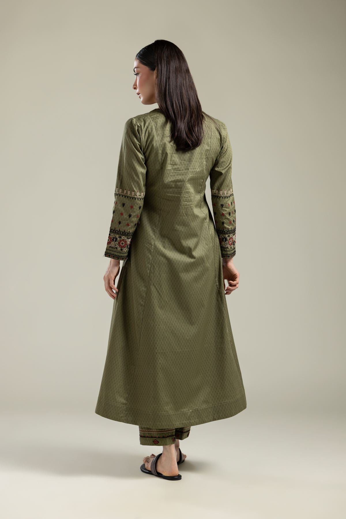Embroidered Cotton Dobby Olive Floral Kurta - T-A112-26-106EC1-VG