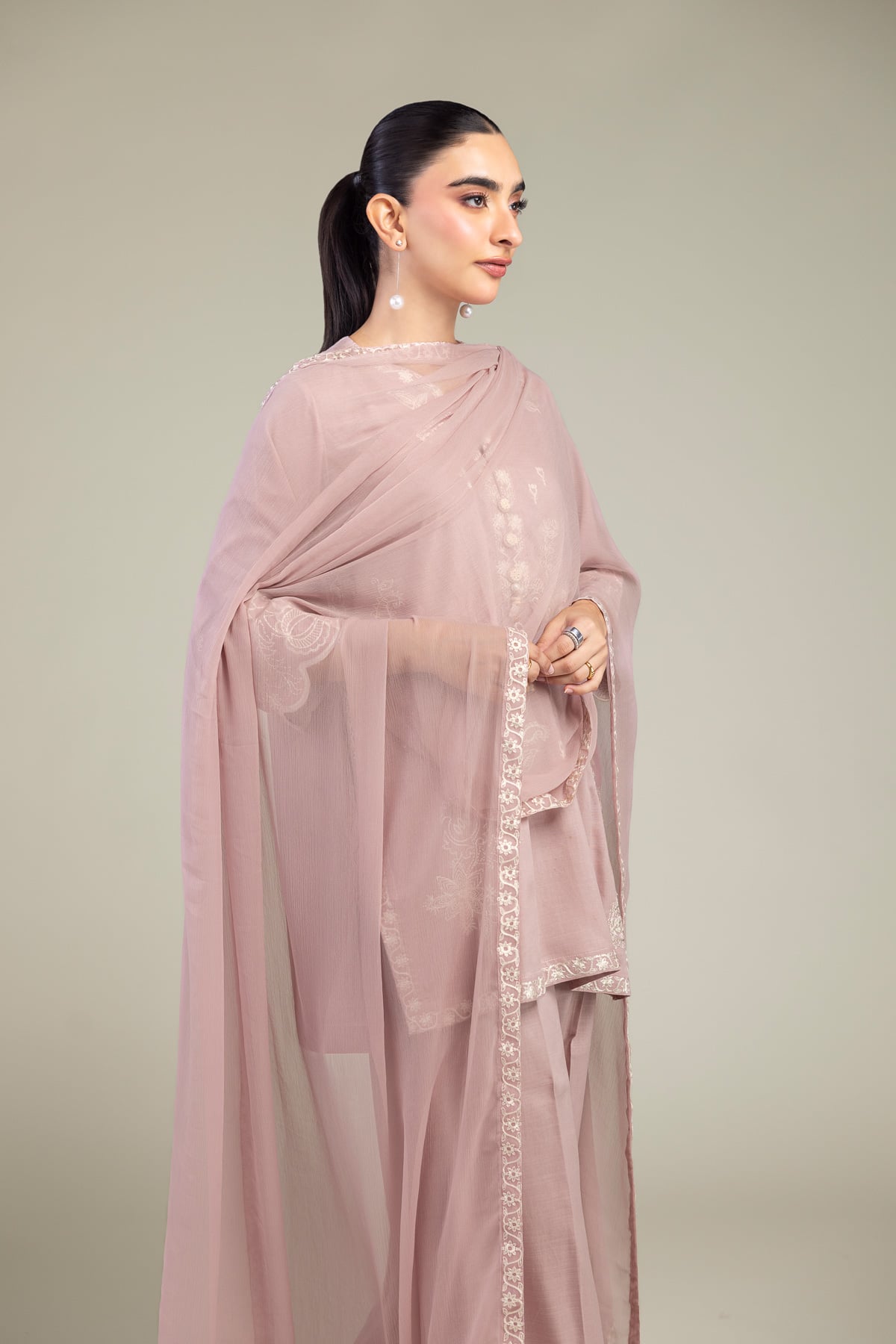 Embroidered Chiffon Pink Floral Dupatta - 1-26-309-B-D1-VG
