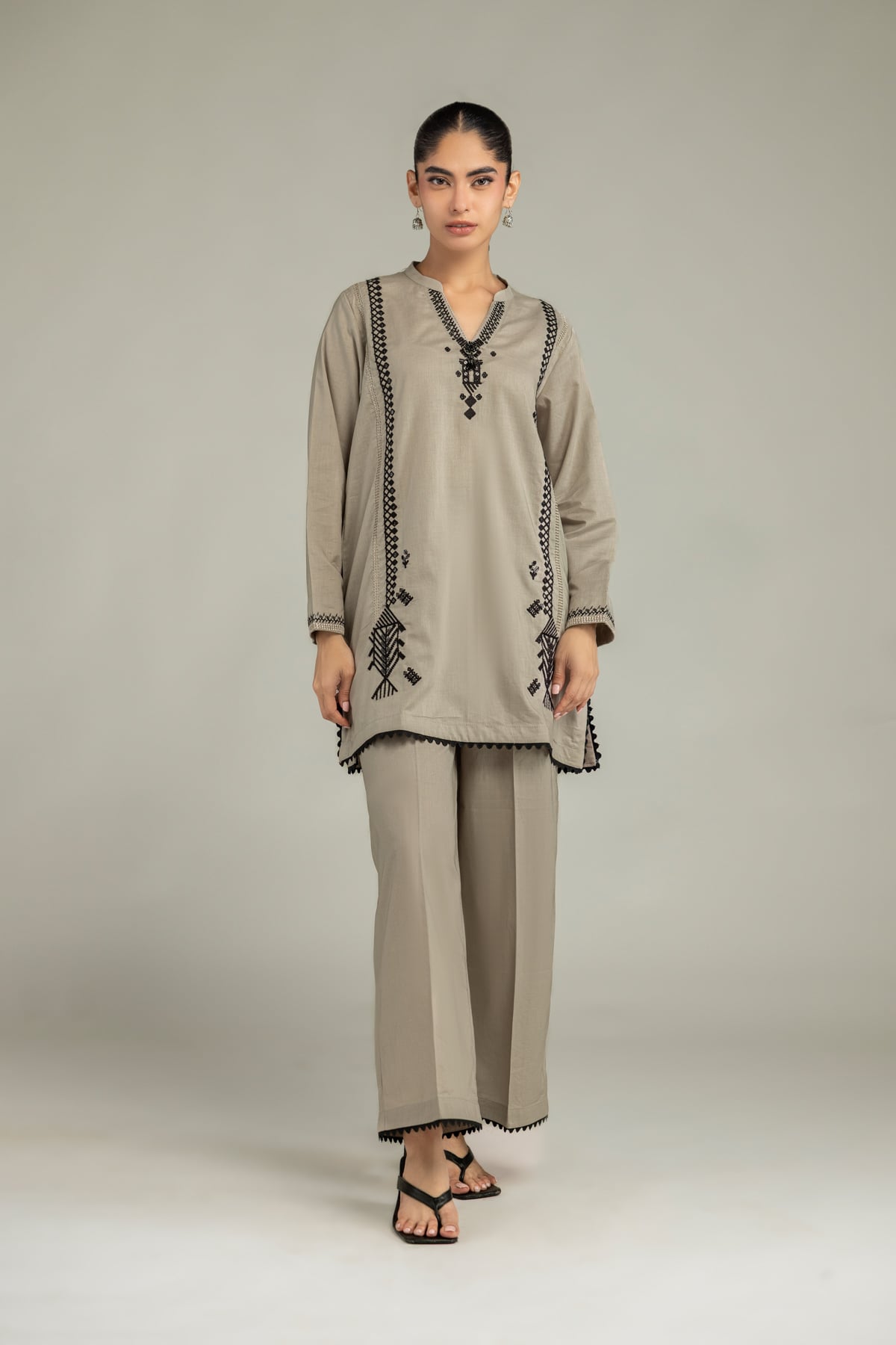 Embroidered Cambric Beige Solid Pants - 1-26-102-A-F-VG