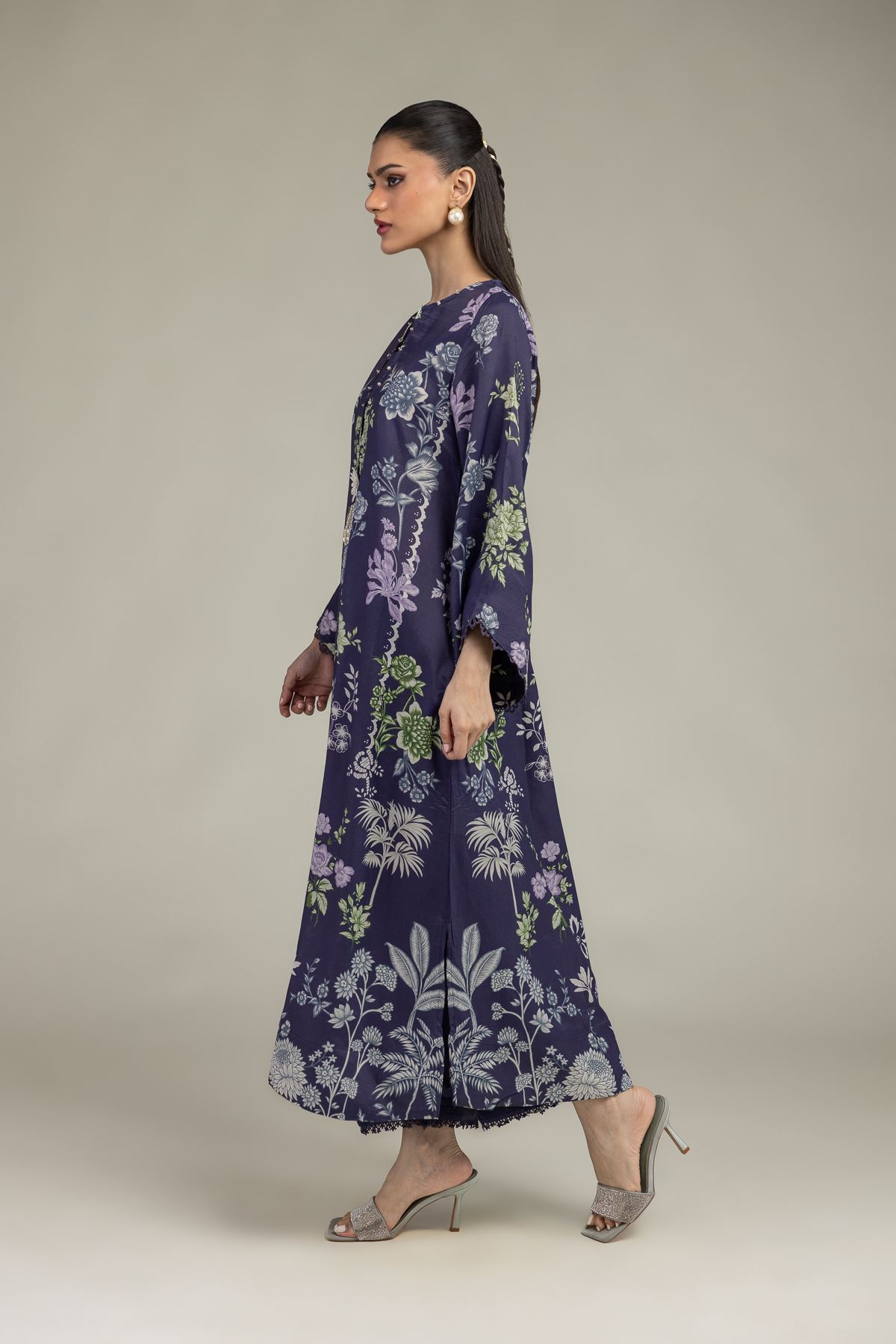 Embroidered Raw Silk Navy Longline Kurta - 1-26-245-A-E1-VG