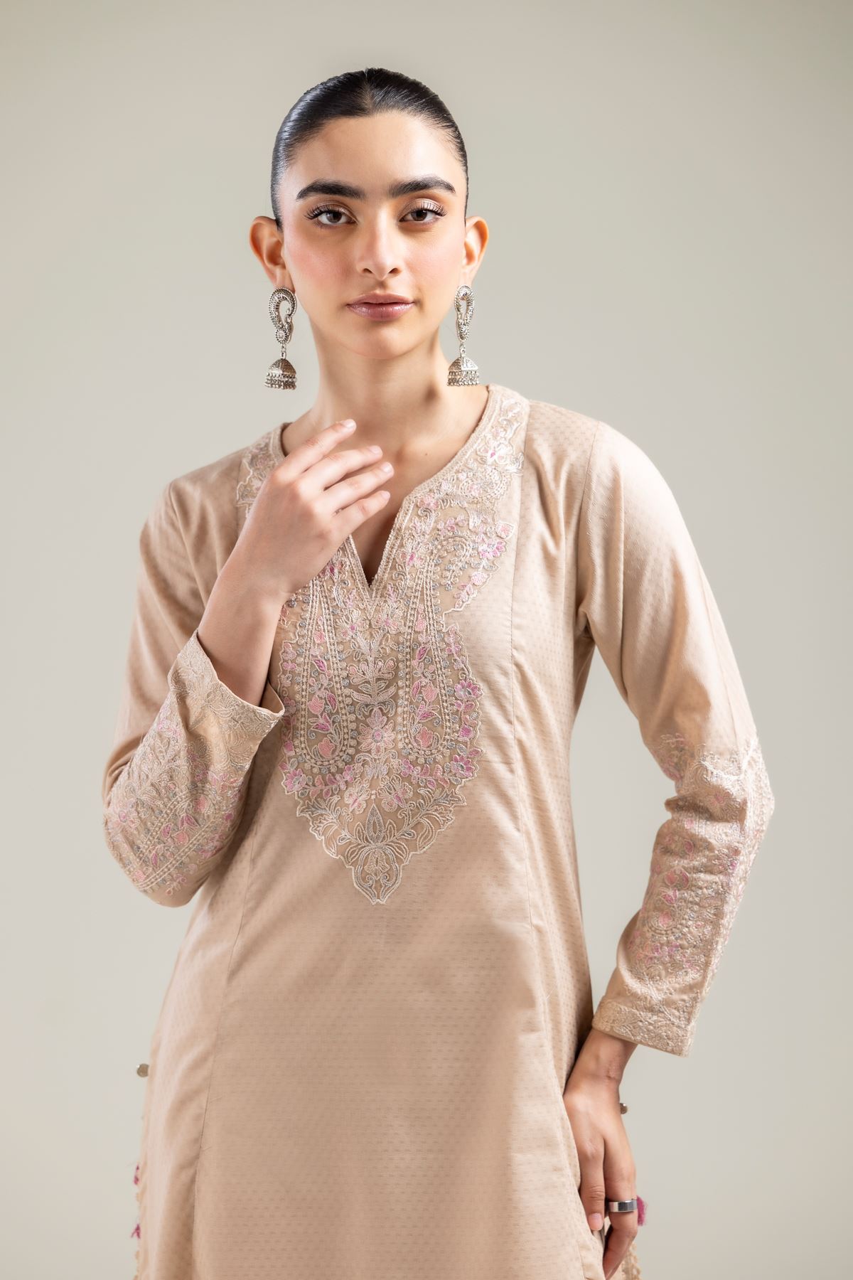 Embroidered Cotton Dobby Beige Embroidered Kurta - 2-26-107-A-F-VG