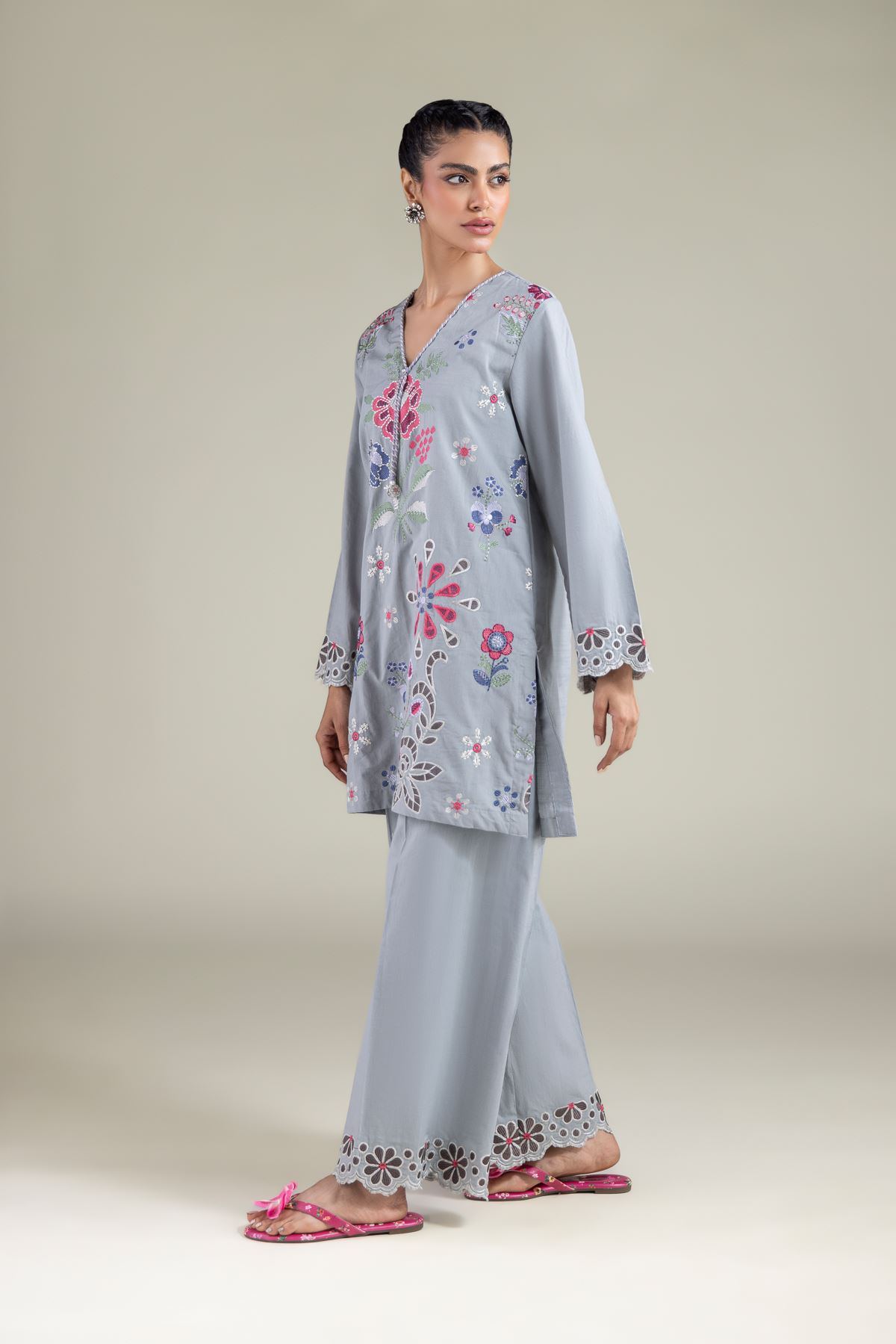 Embroidered Textured Cotton Floral Lace Pants - 1-26-108-B-D-VG
