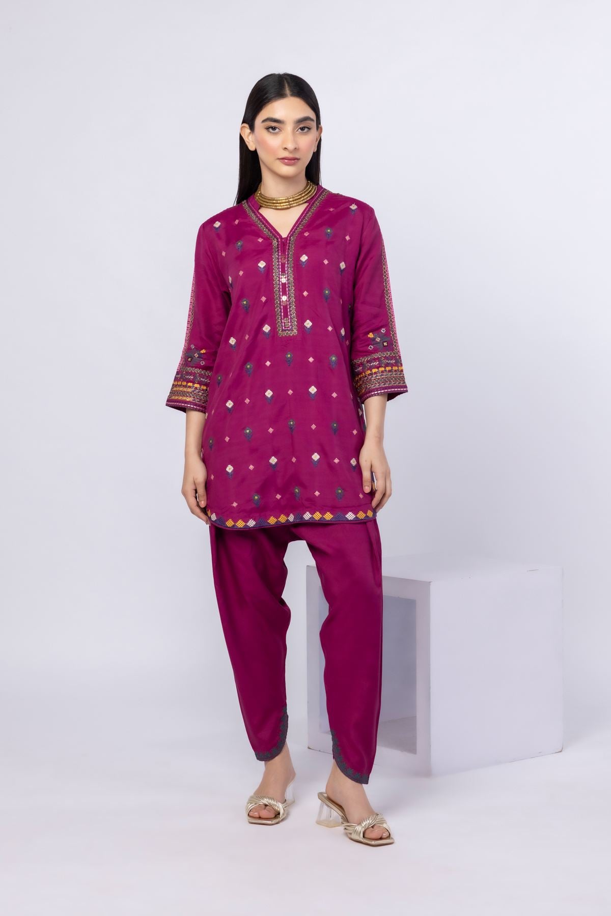 Embroidered Russian Raw Silk Shalwar - 25-08-8E6-08BA-VG