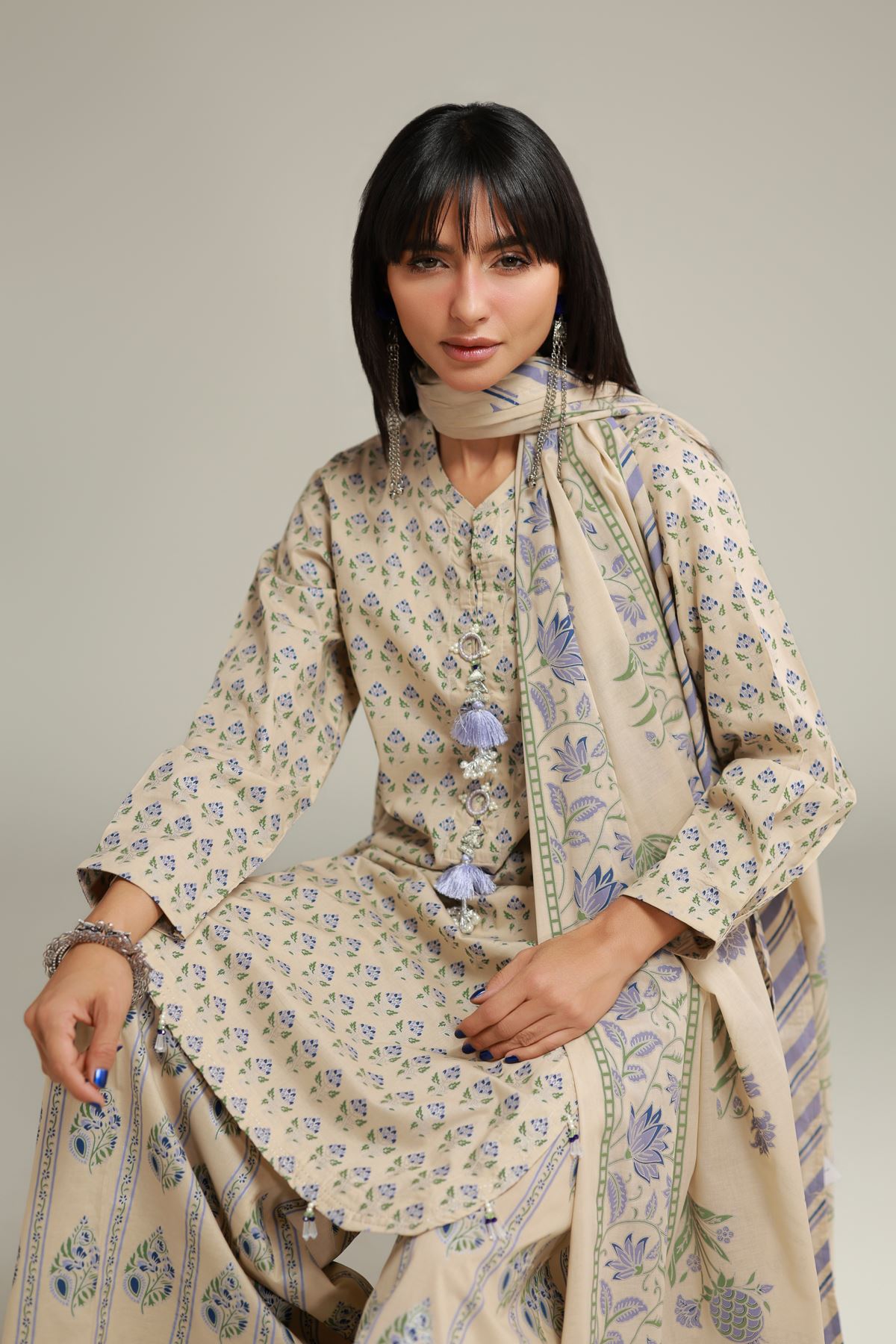 Printed Cambric Floral Longline Kurta - 12-26-115-F-E-VG