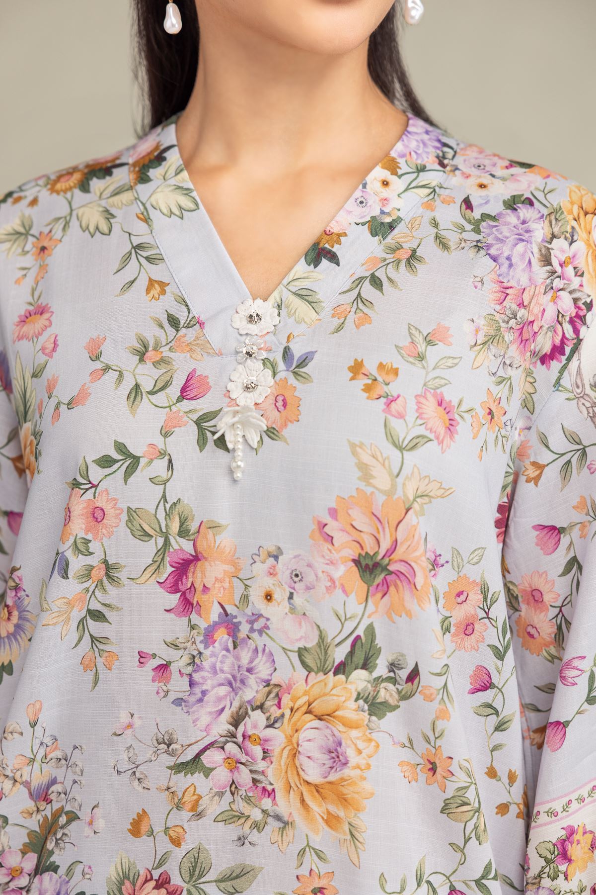 Printed Raw Silk Short Floral Kurta - 1-26-102-A-F-VG