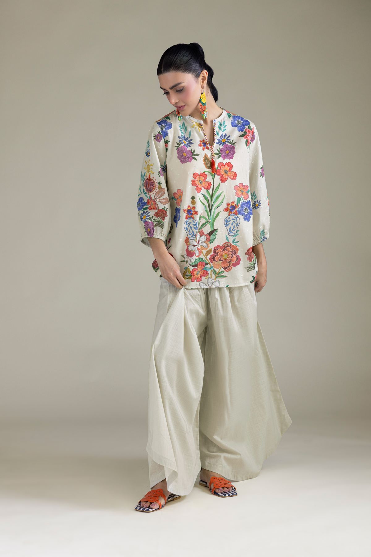 Embroidered Cambric Off-White Cambric Trousers - 3-26-203-A-H1-VG