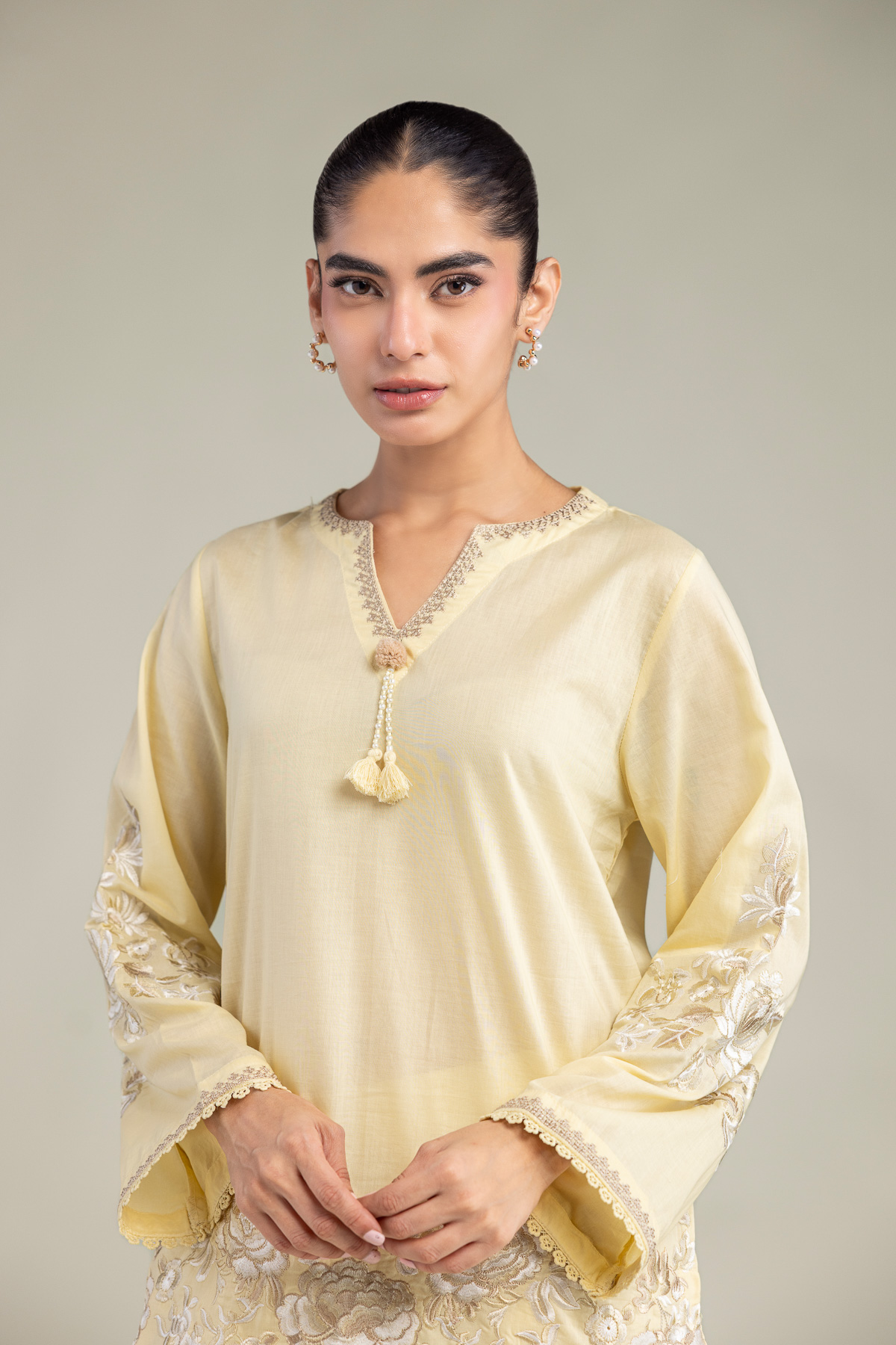 Embroidered Cambric Floral Yellow Kurta - 1-26-102-A-F-VG