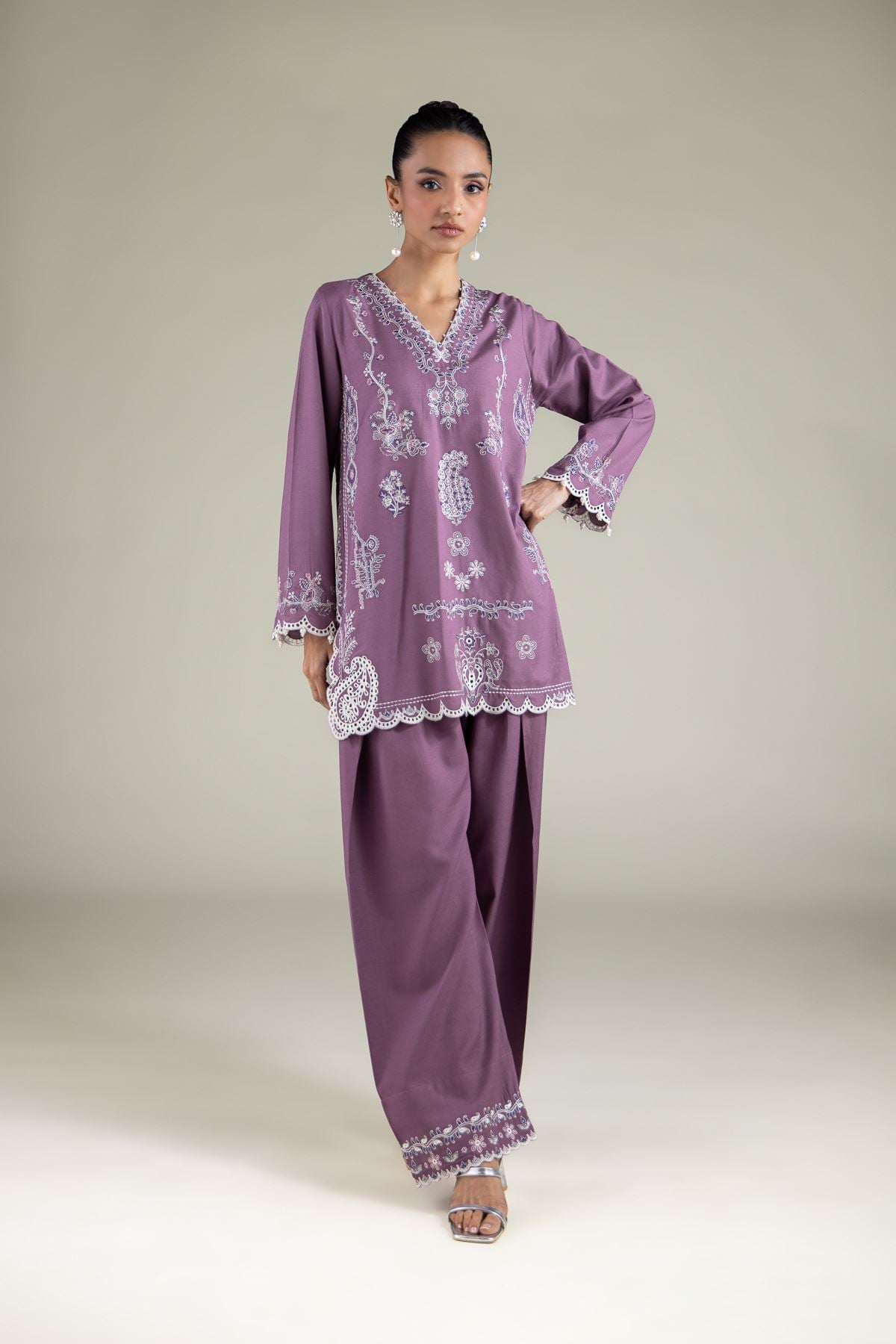 Embroidered Raw Silk Floral V-Neck Kurta - 2-26-105-A-D-VG