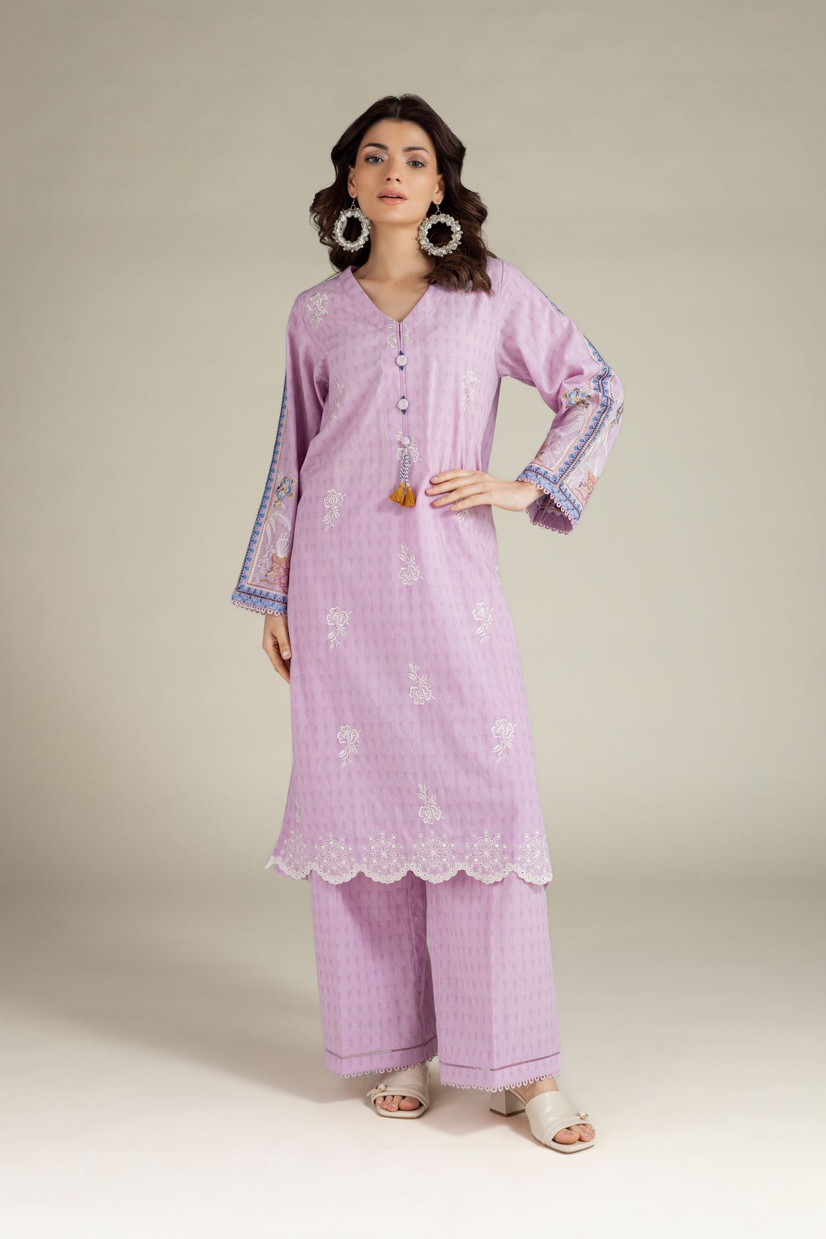 Embroidered Cotton Dobby Lavendar Tailored Set - T-A22-26-123FF2-VG