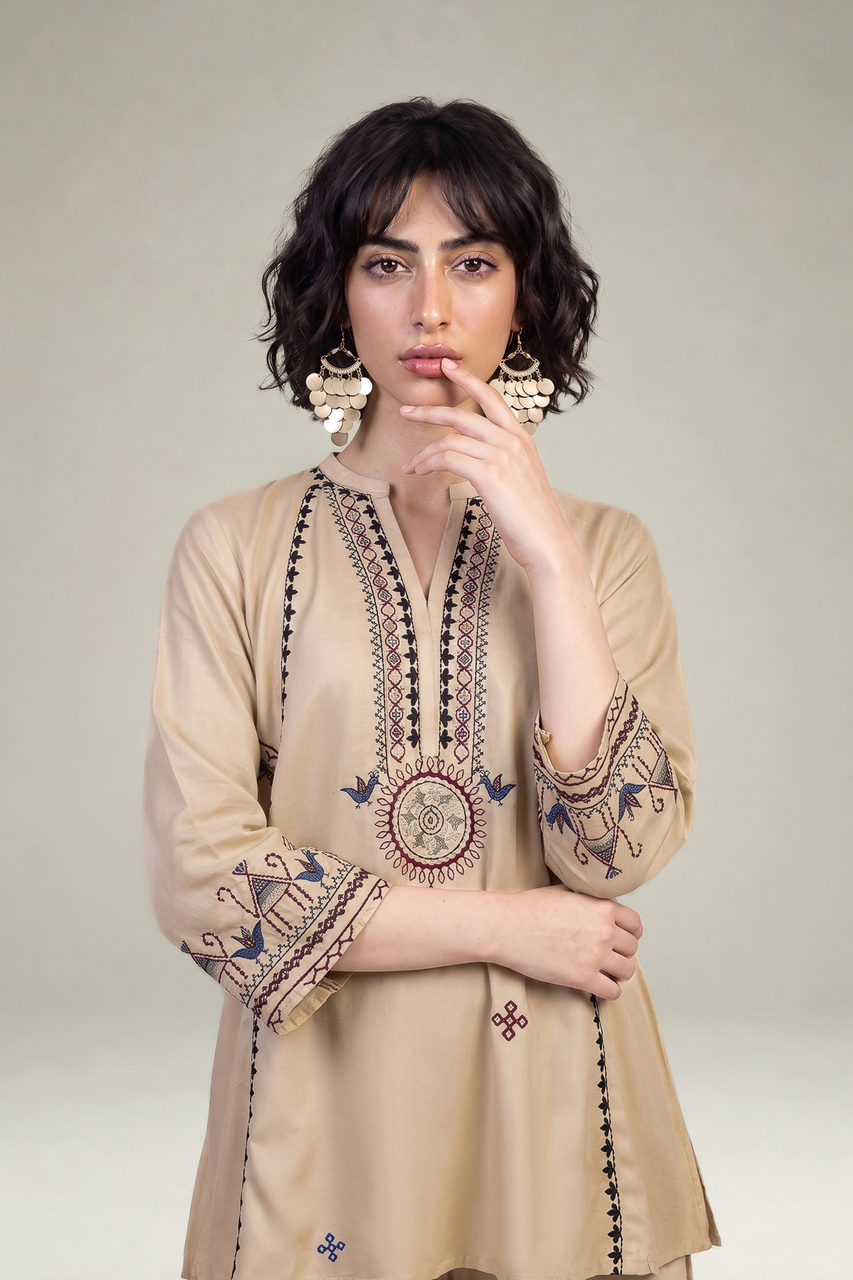 Embroidered Viscose Crepe Beige V-Neck Tunic - 1-26-309-B-D1-VG
