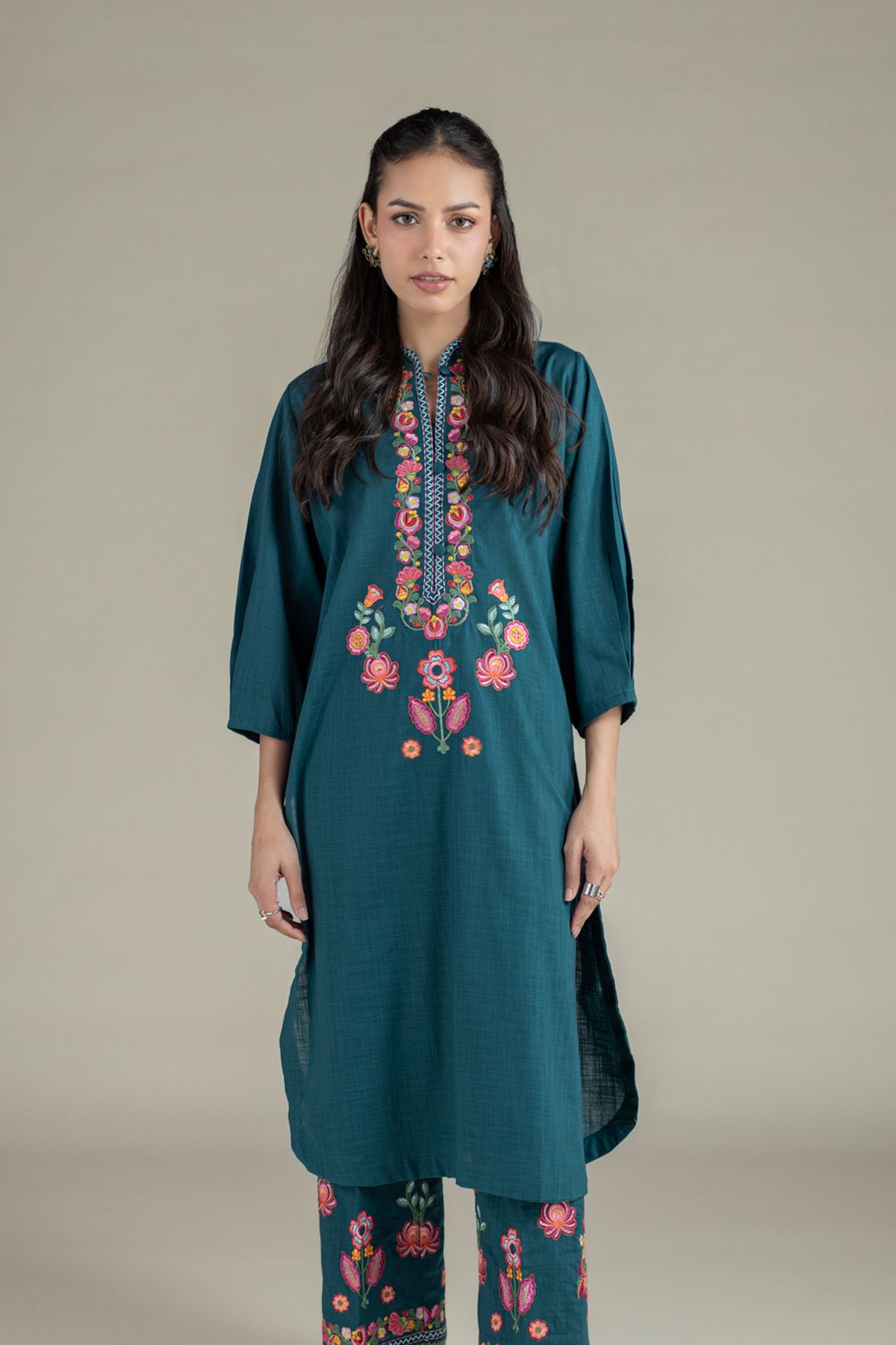 Embroidered Heavy Textured Cotton Kurta - EET24546B-VG
