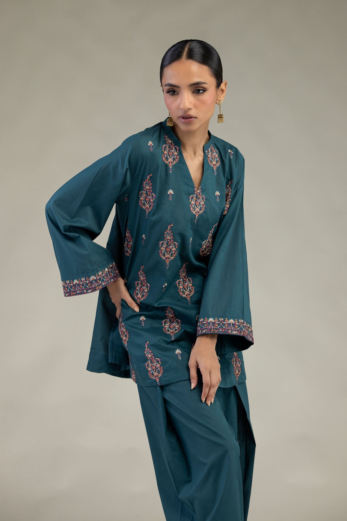 Embroidered Cambric Short Teal Kurta - 1-26-325-A-I1-VG