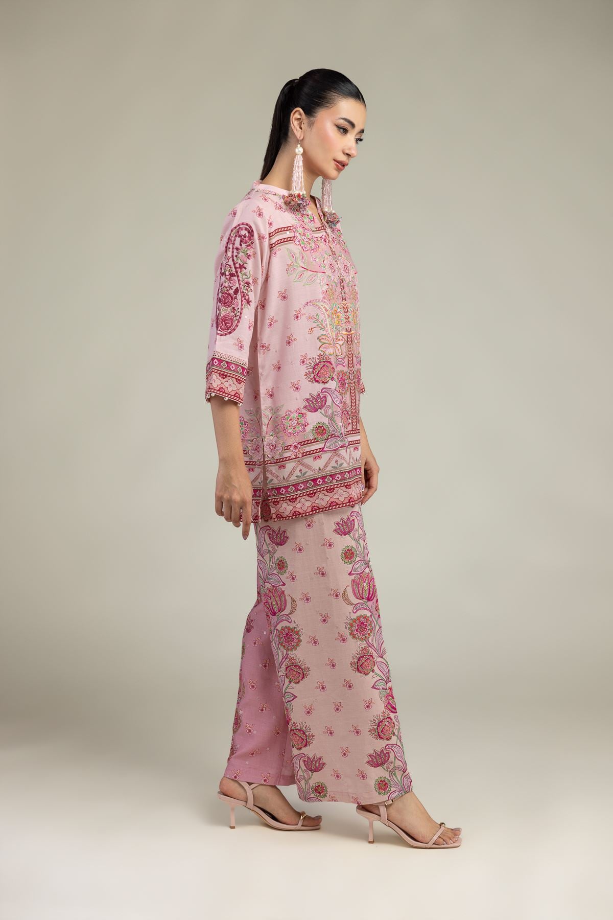 Embroidered Raw Silk Floral Pink Pants - 2-26-212-A-F1-VG