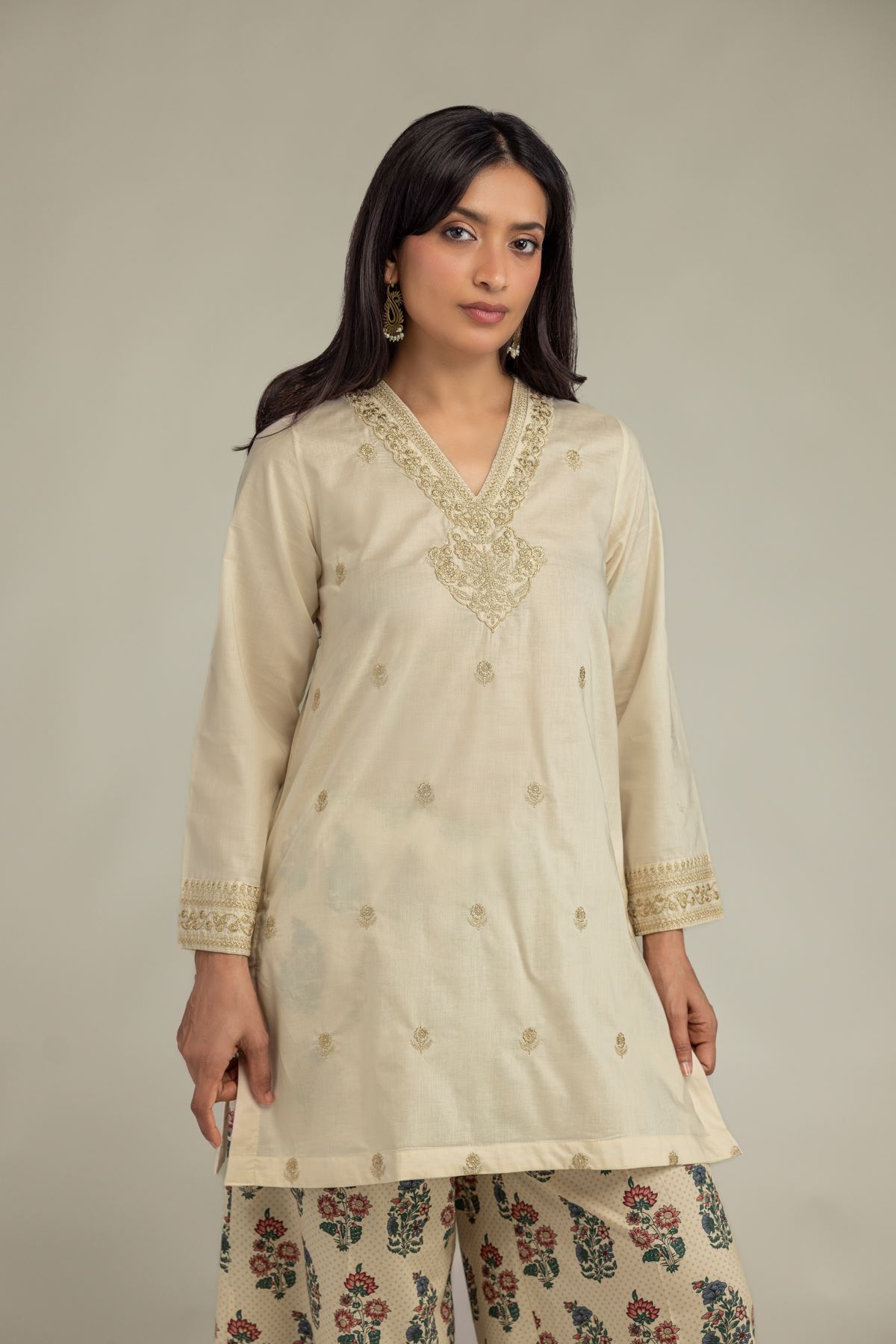 Embroidered Cambric Beige V-Neck Kurta - 8-26-303-A-C1-VG
