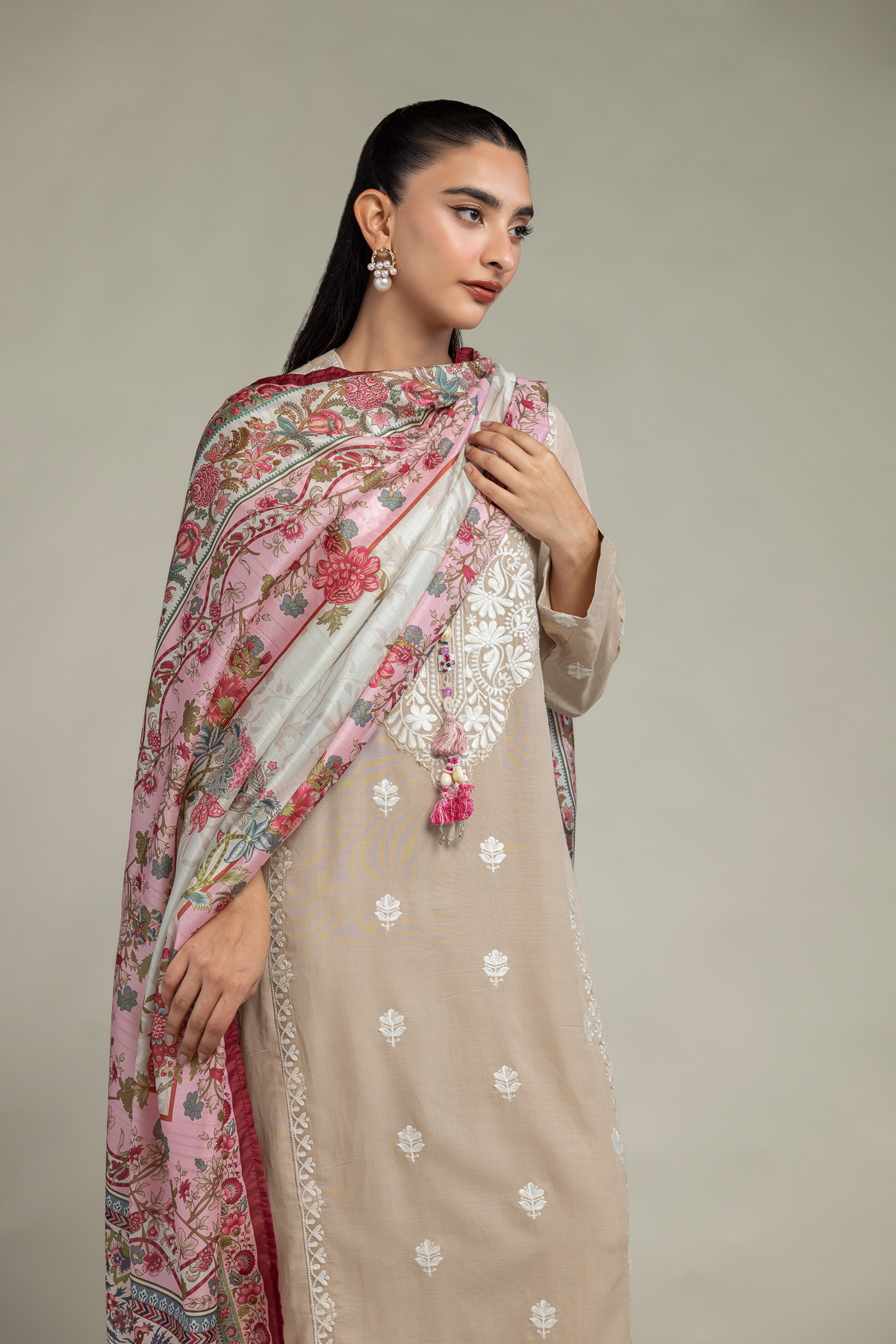 Embroidered Polyester Silk Pink Floral Dupatta - 2-26-202-A-D-VG